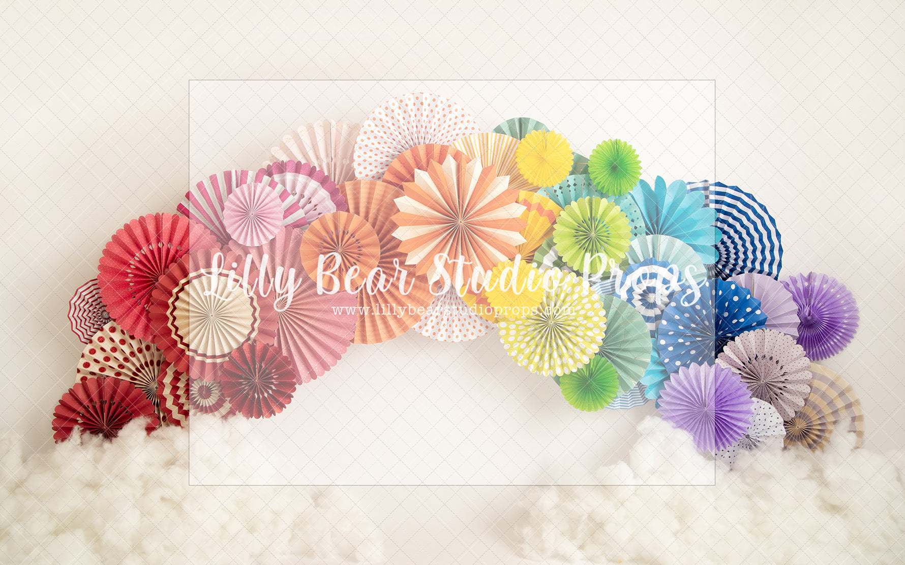 Rainbow Fans - Lilly Bear Studio Props, balloon rainbow, blue balloons, blue rainbow, clouds, green balloons, marble balloons, marble rainbow, orange balloons, paper fan garland, paper fan rainbow garland, pink balloons, purple baloons, rainbow balloons, rainbow fans, rainbow garland, red balloons, yellow balloons
