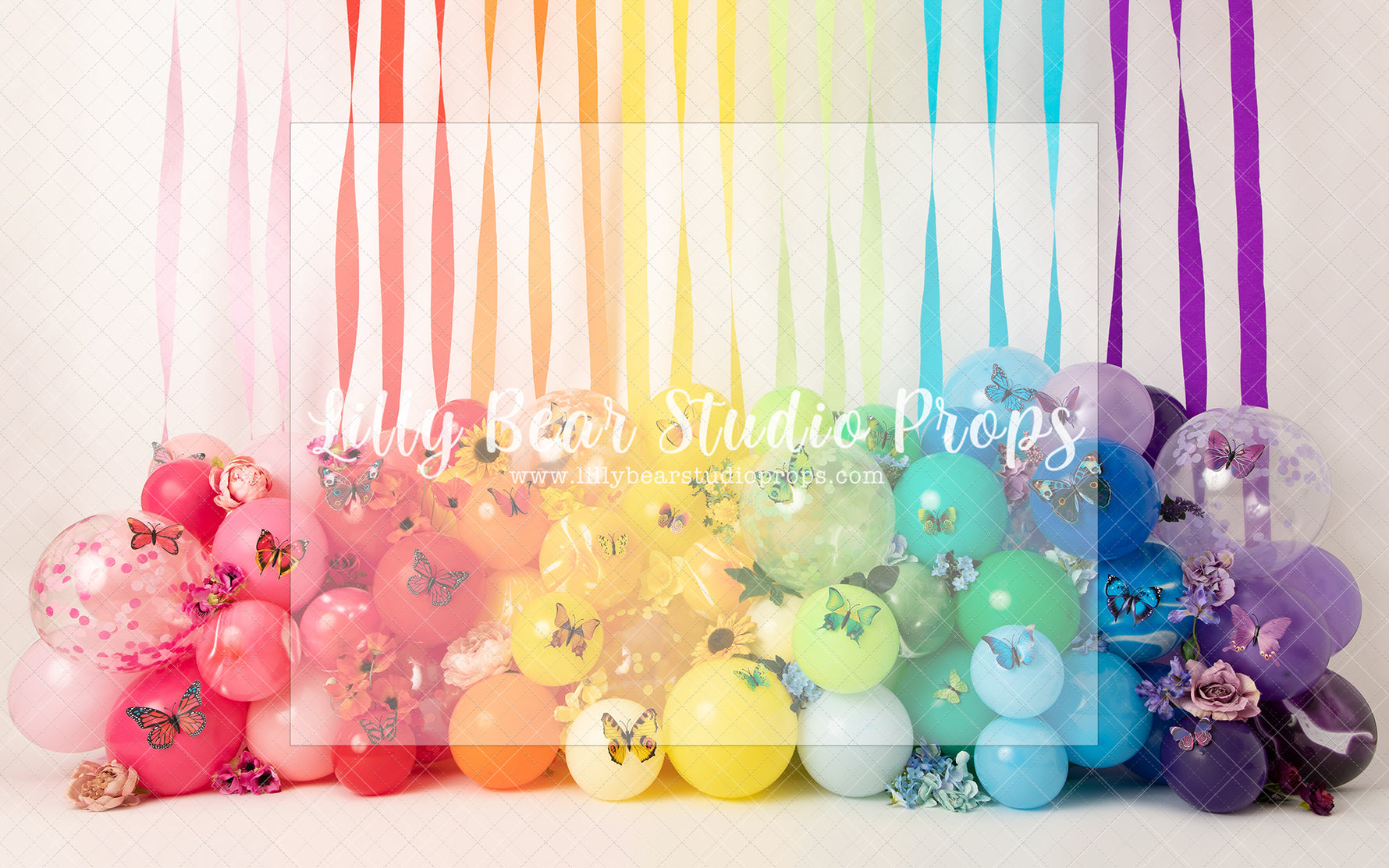 Rainbow Full Of Butterflies - Lilly Bear Studio Props, balloon rainbow, blue balloons, blue rainbow, boho rainbow, butterflies, clouds, green balloons, marble balloons, marble rainbow, orange balloons, pink balloons, purple baloons, rainbow balloons, rainbow butterflies, rainbow garland, red balloons, yellow balloons