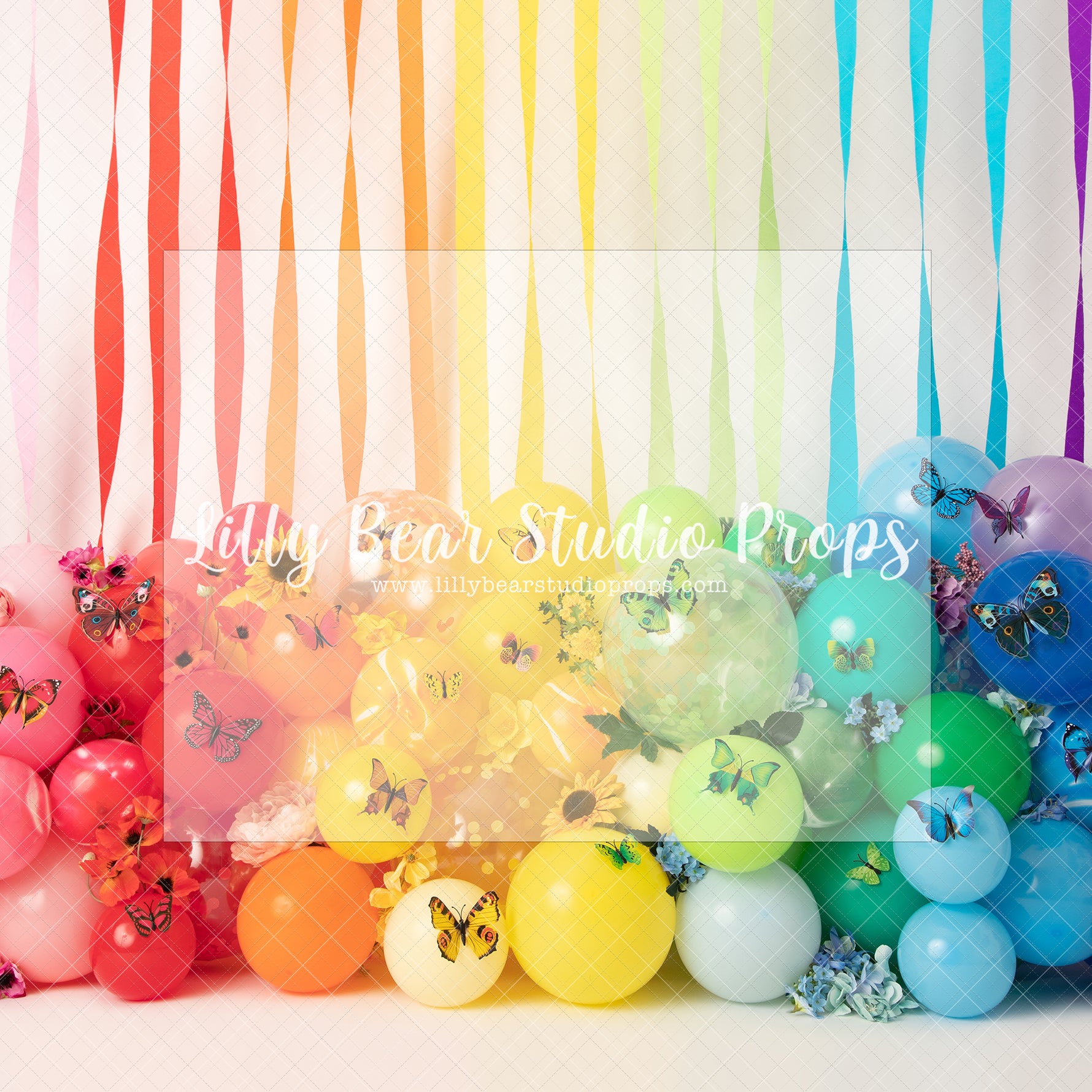 Rainbow Full Of Butterflies - Lilly Bear Studio Props, balloon rainbow, blue balloons, blue rainbow, boho rainbow, butterflies, clouds, green balloons, marble balloons, marble rainbow, orange balloons, pink balloons, purple baloons, rainbow balloons, rainbow butterflies, rainbow garland, red balloons, yellow balloons