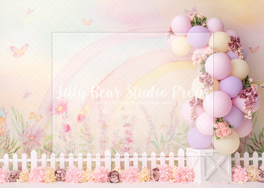 Rainbow Garden - Lilly Bear Studio Props, balloon rainbow, colourful rainbow, Fabric, floral, floral garden, floral rainbow, girls, hand painted, over the rainbow, painted garden, pastel rainbow, pink rainbow, princess, purple, rainbow, violet, white picket fence, Wrinkle Free Fabric