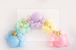Rainbow Garland with Golden Stars - Lilly Bear Studio Props, balloon rainbow, cake smash, colours of the rainbow, floral balloon wall, floral balloons, gold stars, over the rainbow, pastel, pastel balloon wall, pastel balloons, pastel blue, pastel green, pastel orange, pastel pink, pastel purple, pastel rainbow, pastel wall, pastel yellow, rainbow, rainbow balloon, rainbow balloons, rainbow garland, silver stars, spring floral balloons, stars, stars clouds