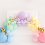 Rainbow Garland with Golden Stars - Lilly Bear Studio Props, balloon rainbow, cake smash, colours of the rainbow, floral balloon wall, floral balloons, gold stars, over the rainbow, pastel, pastel balloon wall, pastel balloons, pastel blue, pastel green, pastel orange, pastel pink, pastel purple, pastel rainbow, pastel wall, pastel yellow, rainbow, rainbow balloon, rainbow balloons, rainbow garland, silver stars, spring floral balloons, stars, stars clouds