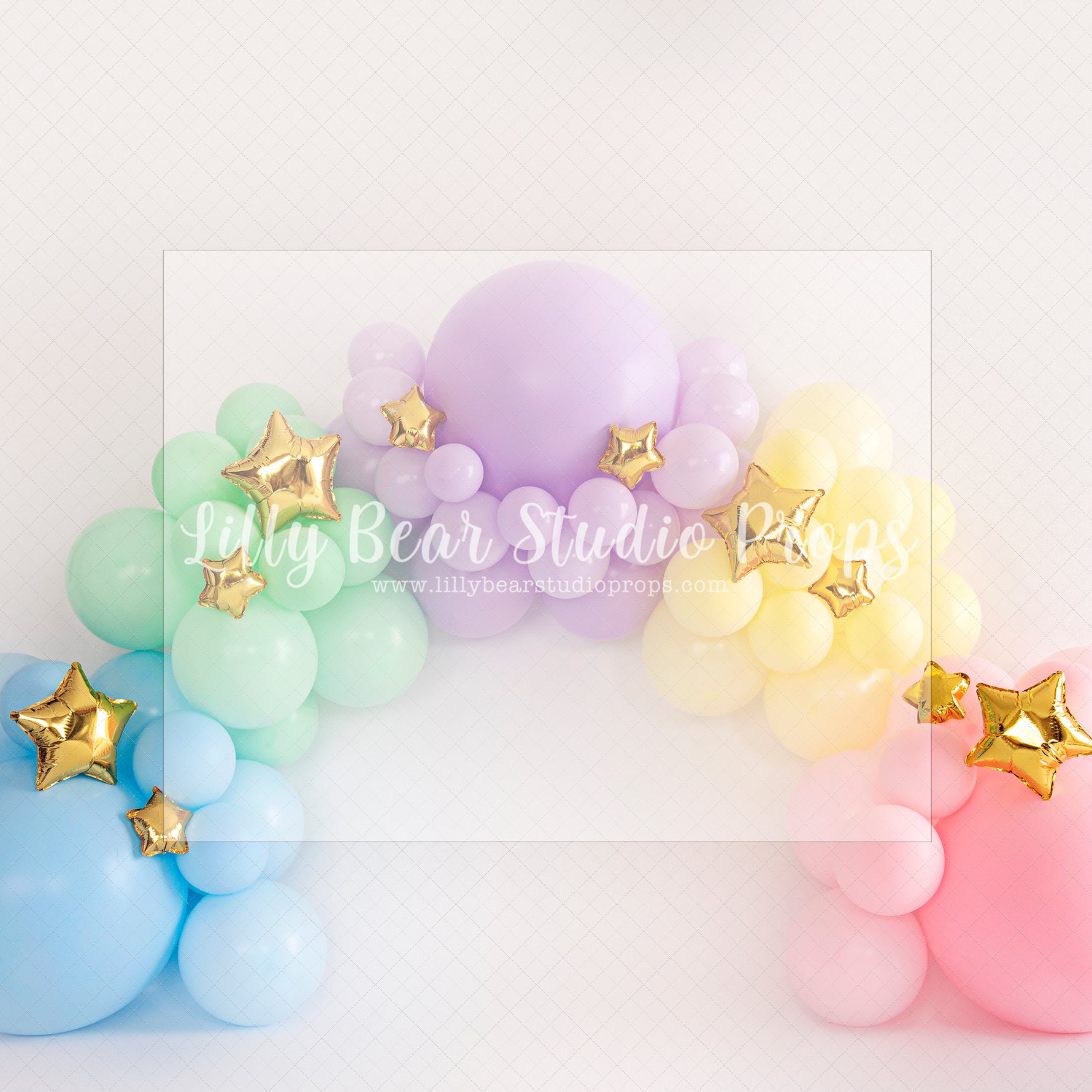 Rainbow Garland with Golden Stars - Lilly Bear Studio Props, balloon rainbow, cake smash, colours of the rainbow, floral balloon wall, floral balloons, gold stars, over the rainbow, pastel, pastel balloon wall, pastel balloons, pastel blue, pastel green, pastel orange, pastel pink, pastel purple, pastel rainbow, pastel wall, pastel yellow, rainbow, rainbow balloon, rainbow balloons, rainbow garland, silver stars, spring floral balloons, stars, stars clouds