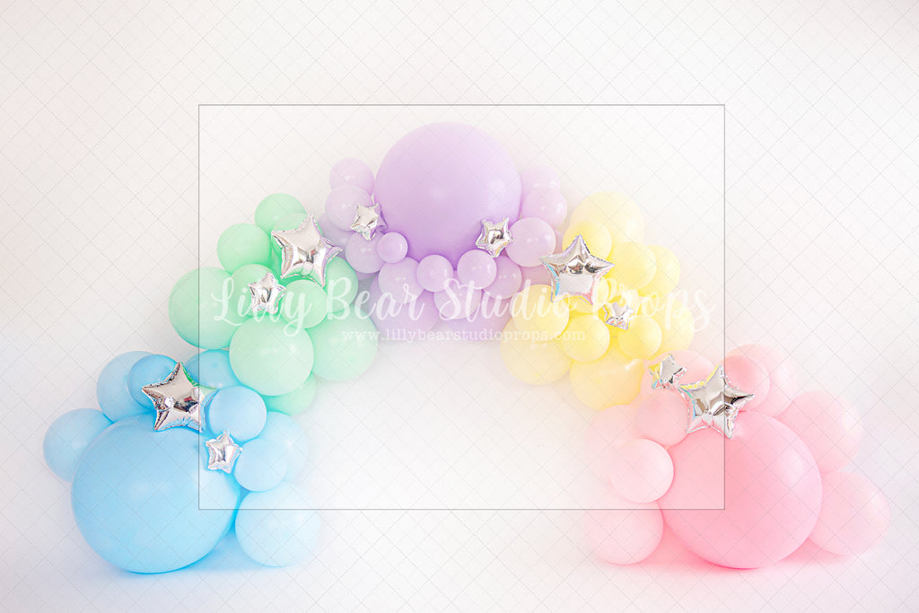 Rainbow Garland with Silver Stars - Lilly Bear Studio Props, balloon rainbow, cake smash, colours of the rainbow, floral balloon wall, floral balloons, gold stars, over the rainbow, pastel, pastel balloon wall, pastel balloons, pastel blue, pastel green, pastel orange, pastel pink, pastel purple, pastel rainbow, pastel wall, pastel yellow, rainbow, rainbow balloon, rainbow balloons, rainbow garland, silver stars, spring floral balloons, stars, stars clouds