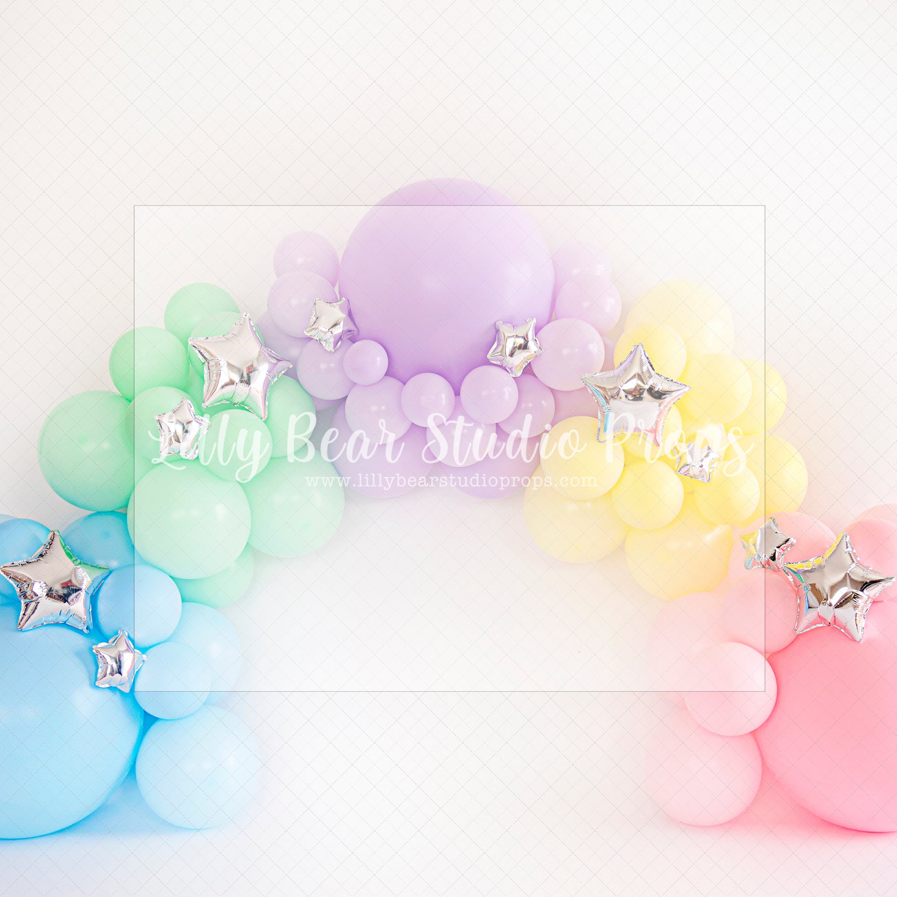 Rainbow Garland with Silver Stars - Lilly Bear Studio Props, balloon rainbow, cake smash, colours of the rainbow, floral balloon wall, floral balloons, gold stars, over the rainbow, pastel, pastel balloon wall, pastel balloons, pastel blue, pastel green, pastel orange, pastel pink, pastel purple, pastel rainbow, pastel wall, pastel yellow, rainbow, rainbow balloon, rainbow balloons, rainbow garland, silver stars, spring floral balloons, stars, stars clouds