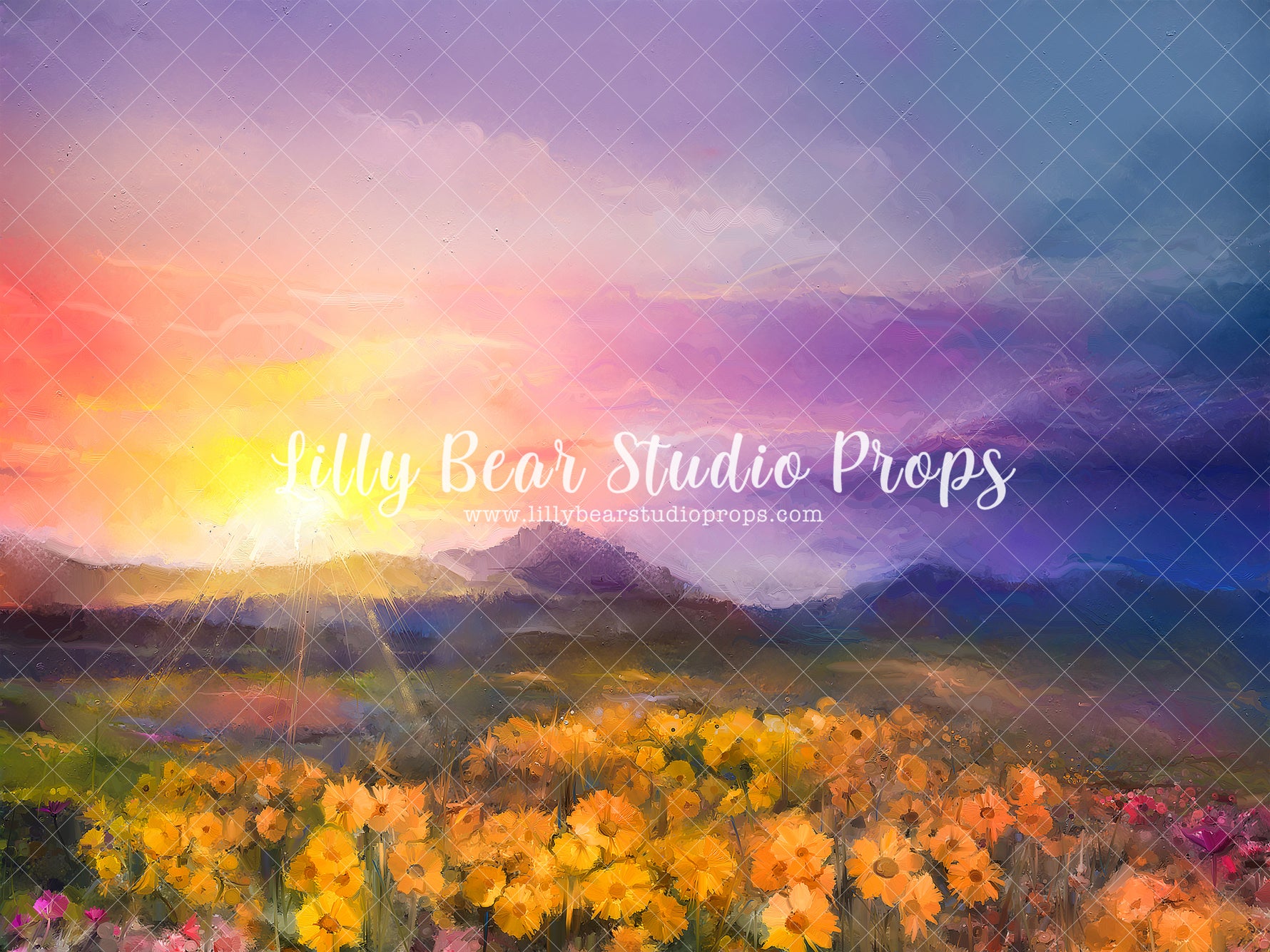 Rainbow Sunset Field by Lilly Bear Studio Props sold by Lilly Bear Studio Props, blue floral - blue flower - blue flowe