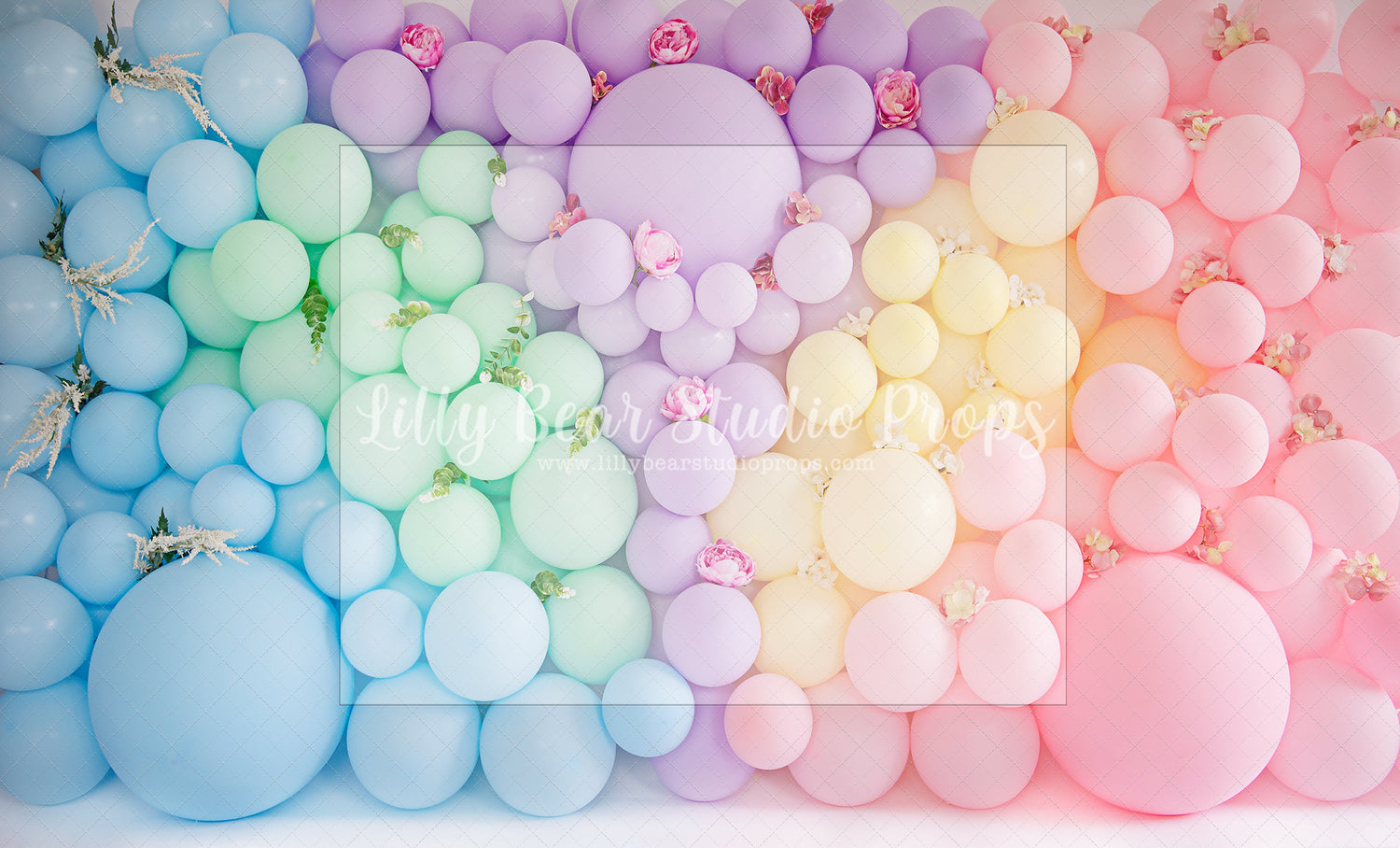 Rainbow Wall - Lilly Bear Studio Props, cake smash, floral balloon wall, floral balloons, pastel, pastel balloon wall, pastel balloons, pastel blue, pastel green, pastel orange, pastel pink, pastel purple, pastel rainbow, pastel wall, pastel yellow, spring floral balloons
