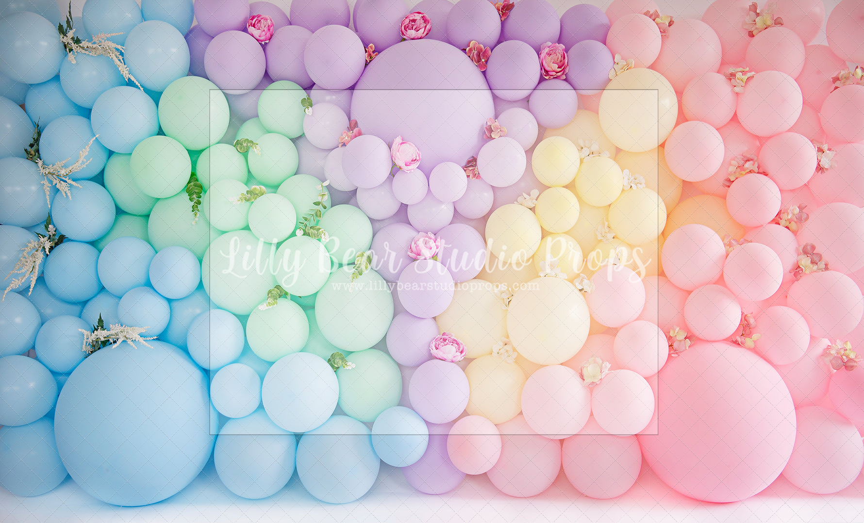 Rainbow Wall - Lilly Bear Studio Props, cake smash, floral balloon wall, floral balloons, pastel, pastel balloon wall, pastel balloons, pastel blue, pastel green, pastel orange, pastel pink, pastel purple, pastel rainbow, pastel wall, pastel yellow, spring floral balloons