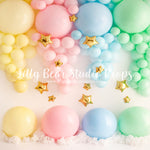 Raining Starry Rainbow - Lilly Bear Studio Props, balloon rainbow, blue rainbow, colours of the rainbow, gold stars, pastel, pastel balloon garland, pastel balloon wall, pastel balloons, pastel blue, pastel green, pastel orange, pastel pink, pastel purple, pastel rainbow, pastel wall, pastel yellow, rainbow flowers, raining rainbow, raining stars, stars