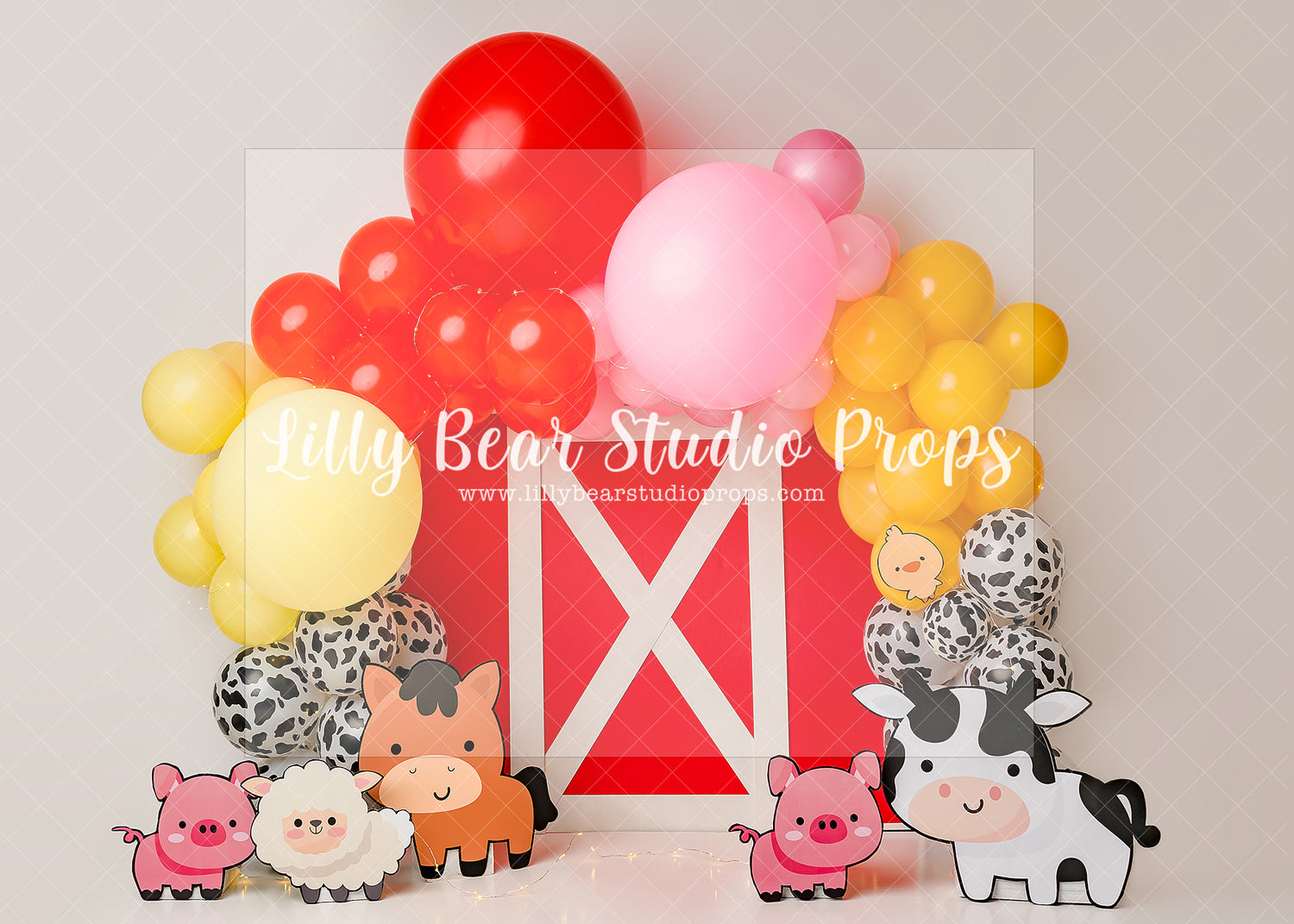 Red Barn Farm Balloon Garland - Lilly Bear Studio Props, animal farm, cow, Fabric, FABRICS, farm, farm animals, farm garland, farmer, horse, old mcdonalds, pig, red barn, sheet