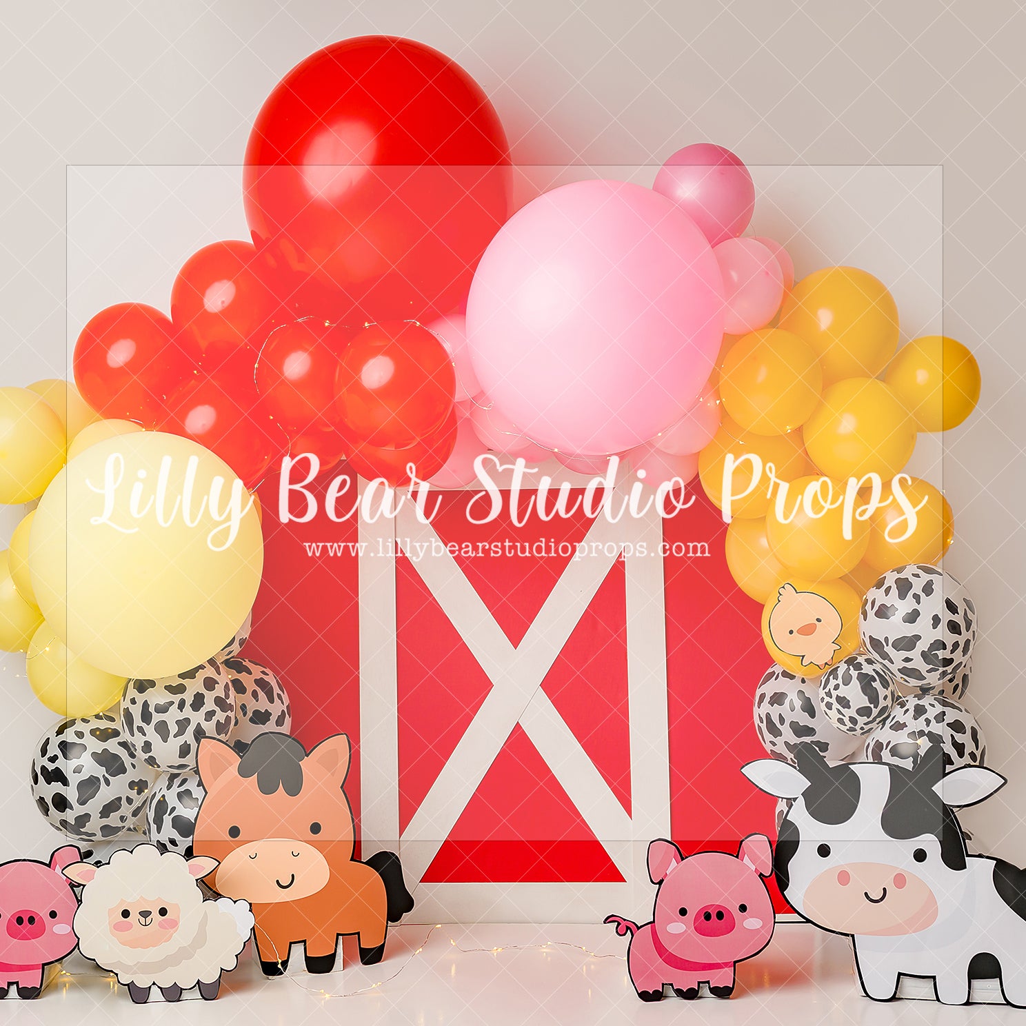 Red Barn Farm Balloon Garland - Lilly Bear Studio Props, animal farm, cow, Fabric, FABRICS, farm, farm animals, farm garland, farmer, horse, old mcdonalds, pig, red barn, sheet