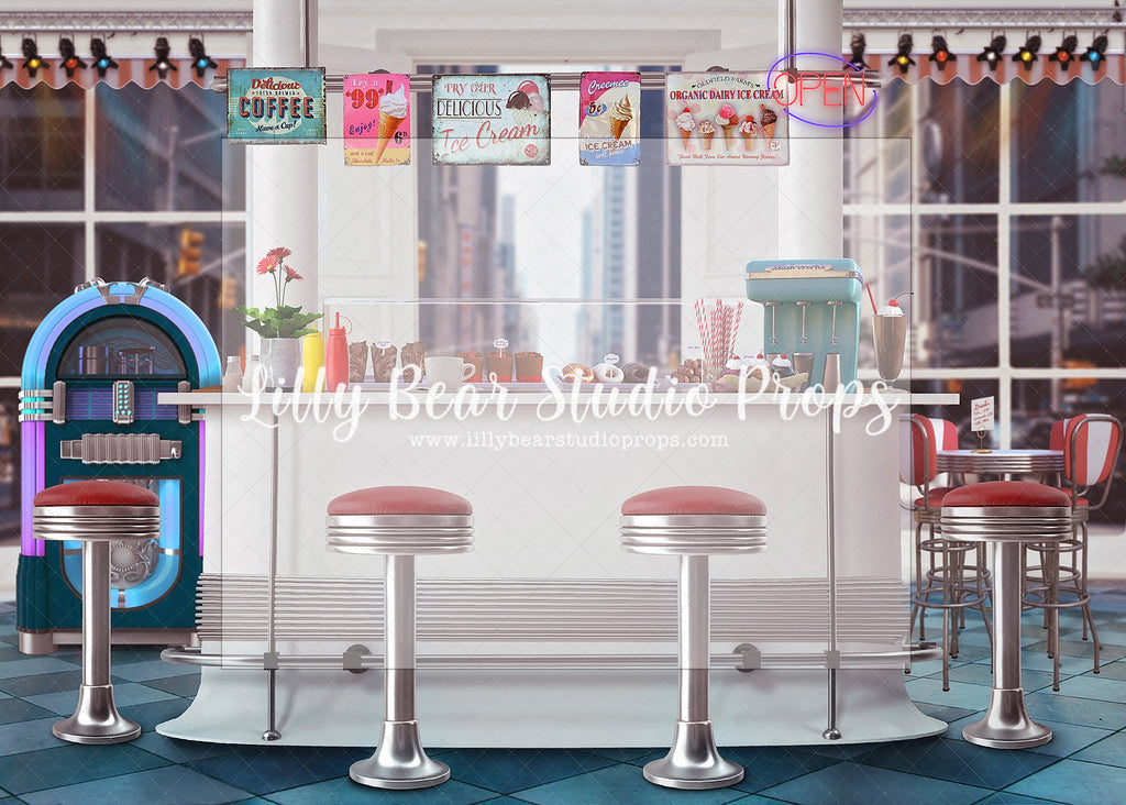 Retro Diner - Lilly Bear Studio Props, clouds, diner, Ice cream parlor, ice cream parlour, jute box, milk shake, music, records, red balloons, retro, retro diner