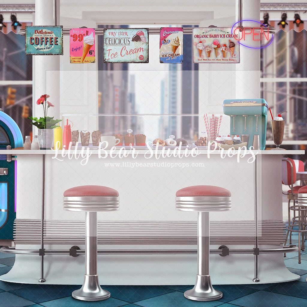 Retro Diner - Lilly Bear Studio Props, clouds, diner, Ice cream parlor, ice cream parlour, jute box, milk shake, music, records, red balloons, retro, retro diner