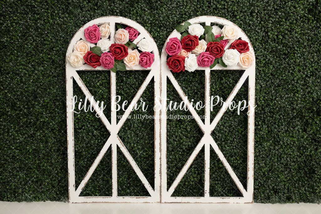 Rose Arch - Lilly Bear Studio Props, boxwood, boxwood wall, bush, FABRICS, floral, flowers, frame, garden, grass, green wall, greenery, pink rose, pink roses, purple roses, red rose, red roses, rose, roses, spring, valentine, valentines, valentines day, white roses, window