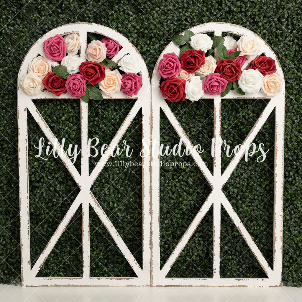 Rose Arch - Lilly Bear Studio Props, boxwood, boxwood wall, bush, FABRICS, floral, flowers, frame, garden, grass, green wall, greenery, pink rose, pink roses, purple roses, red rose, red roses, rose, roses, spring, valentine, valentines, valentines day, white roses, window