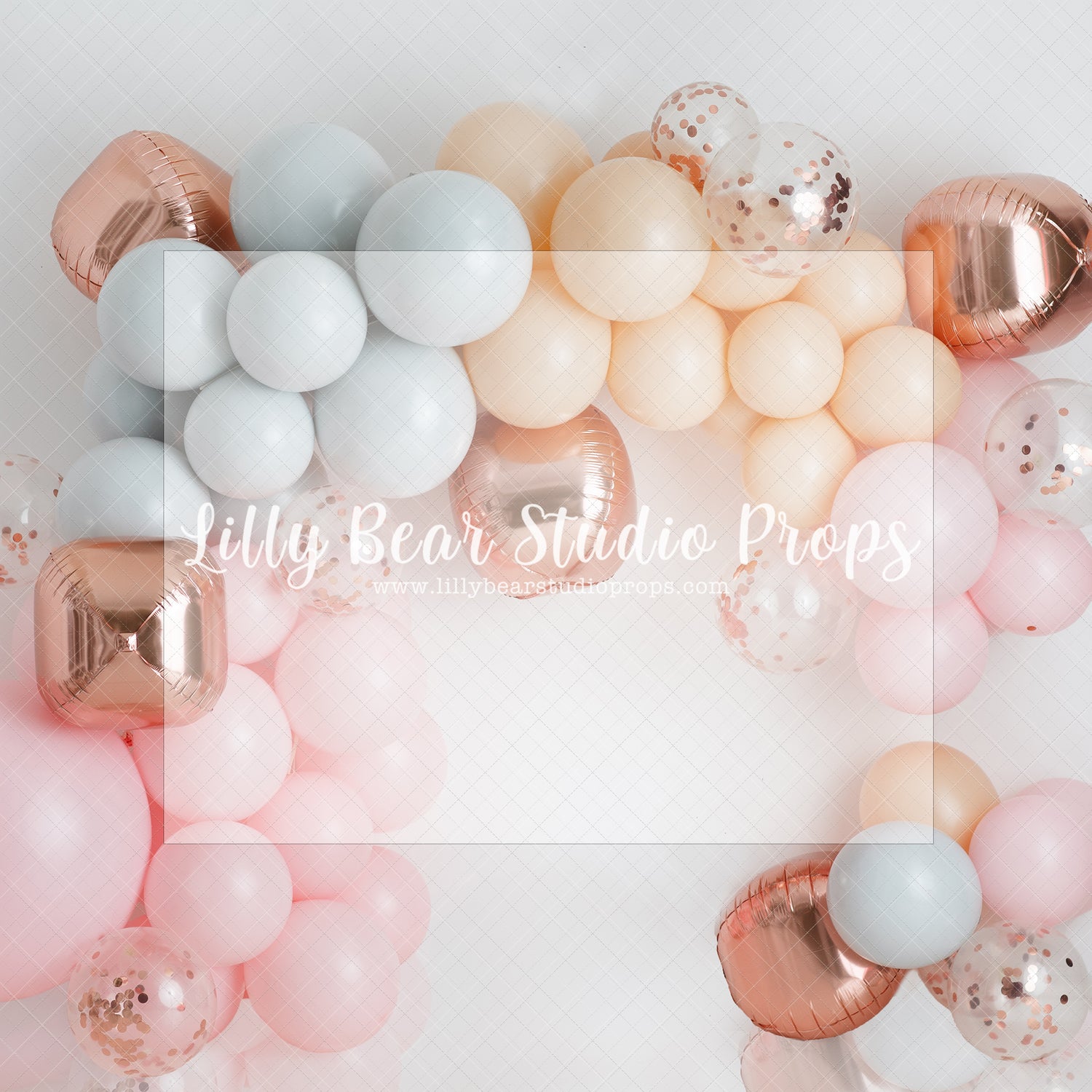 Rosegold POP Balloon Garland - Lilly Bear Studio Props, balloon rainbow, blue rainbow, colours of the rainbow, pastel, pastel balloon garland, pastel balloon wall, pastel balloons, pastel blue, pastel green, pastel orange, pastel pink, pastel purple, pastel rainbow, pastel wall, pastel yellow, pink brick