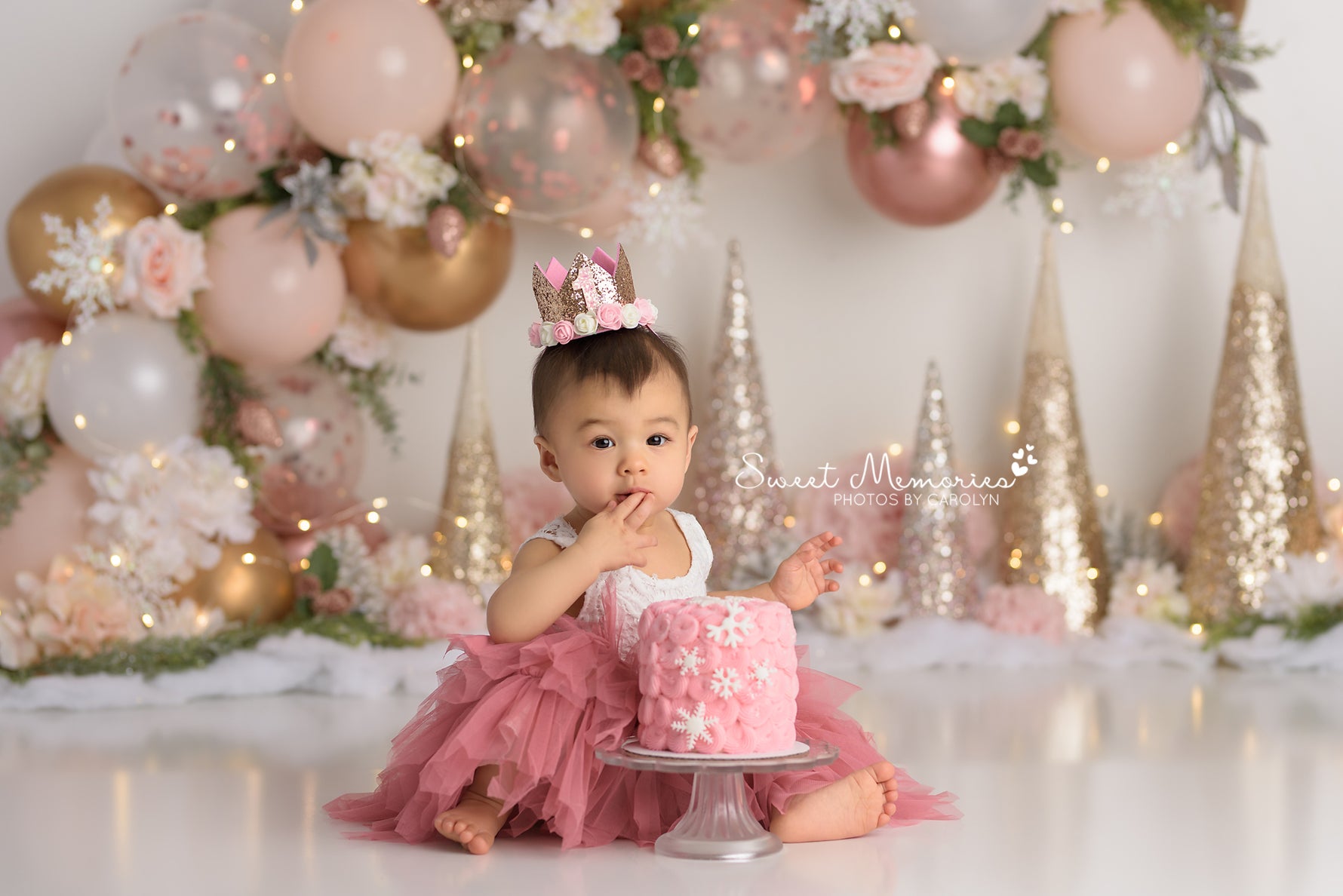 Rosegold Sparkle Delight - Lilly Bear Studio Props, anchor, arrows, balloon, balloon arch, balloon chic, balloon garland, balloon party, balloons, cake smash, cream roses, FABRICS, girl, gold, metallic balloon, mint, pastel, pink, pretty cake smash, rose, rose gold, rosegold, rosegold balloons, rosegold trees, winter trees