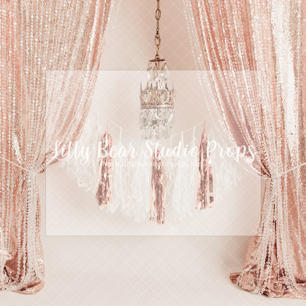 Royal Engagement - Lilly Bear Studio Props, beads, birthday girl, chandelier, crystal beads, gold chandelier, greenery, one, pink, pink birthday, pink curtains, pink tassles, royal, royalty, tassles