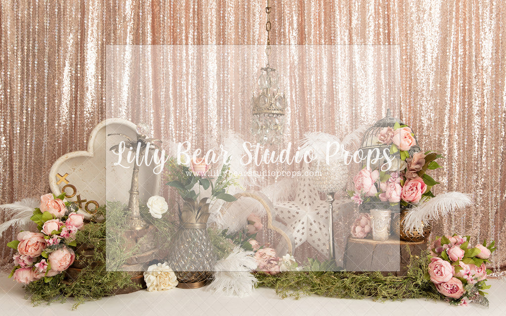 Royal Spread - Lilly Bear Studio Props, birthday girl, boho greenery, chandelier, confetti, cream fans, feathers, floral, floral hearts, gold beaded curtains, gold birthday, gold confetti, gold glitter beads, gold one, gold star, gold tree, greenery, hearts, one, pink, pink birthday, pink curtains, royal, star, wood heart