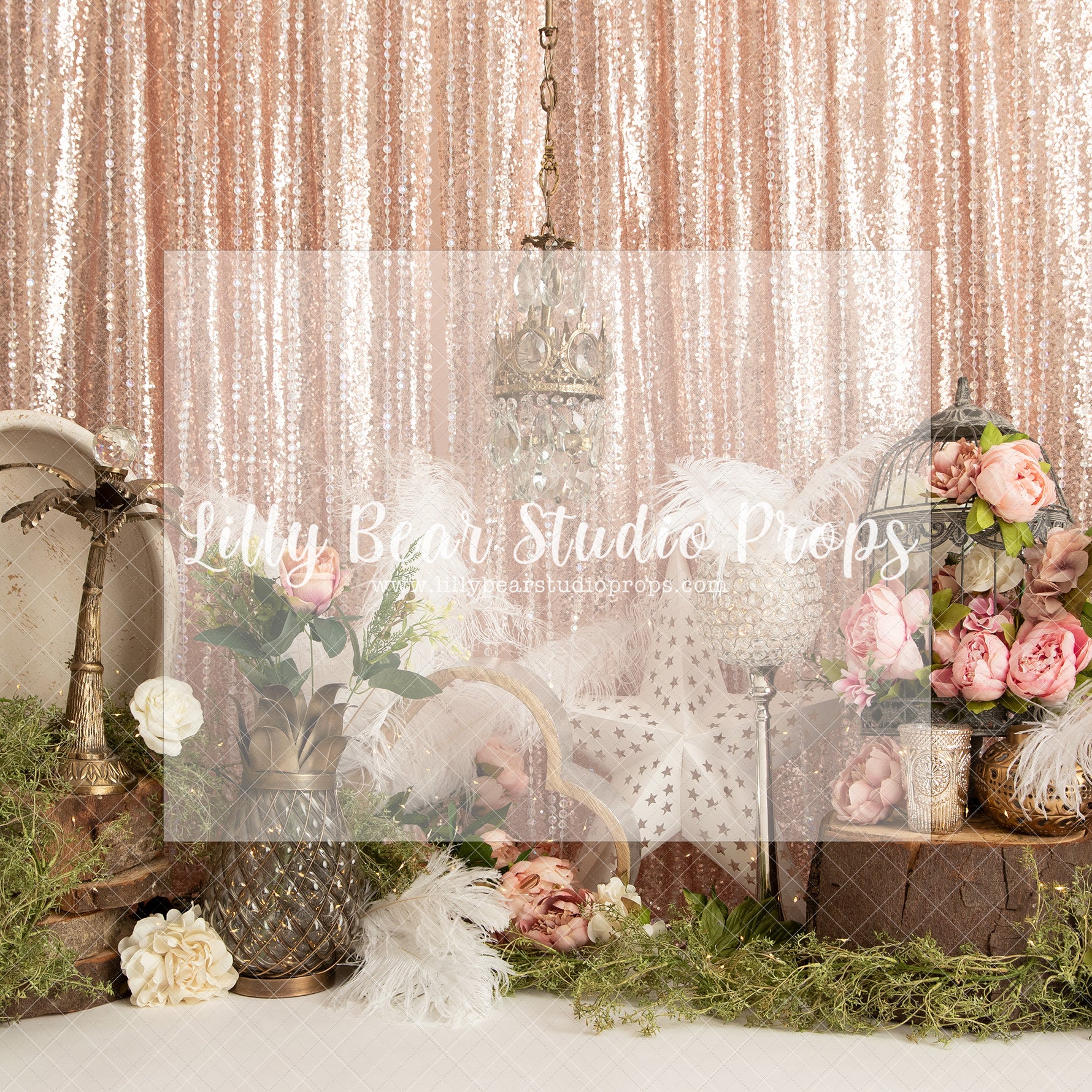 Royal Spread - Lilly Bear Studio Props, birthday girl, boho greenery, chandelier, confetti, cream fans, feathers, floral, floral hearts, gold beaded curtains, gold birthday, gold confetti, gold glitter beads, gold one, gold star, gold tree, greenery, hearts, one, pink, pink birthday, pink curtains, royal, star, wood heart