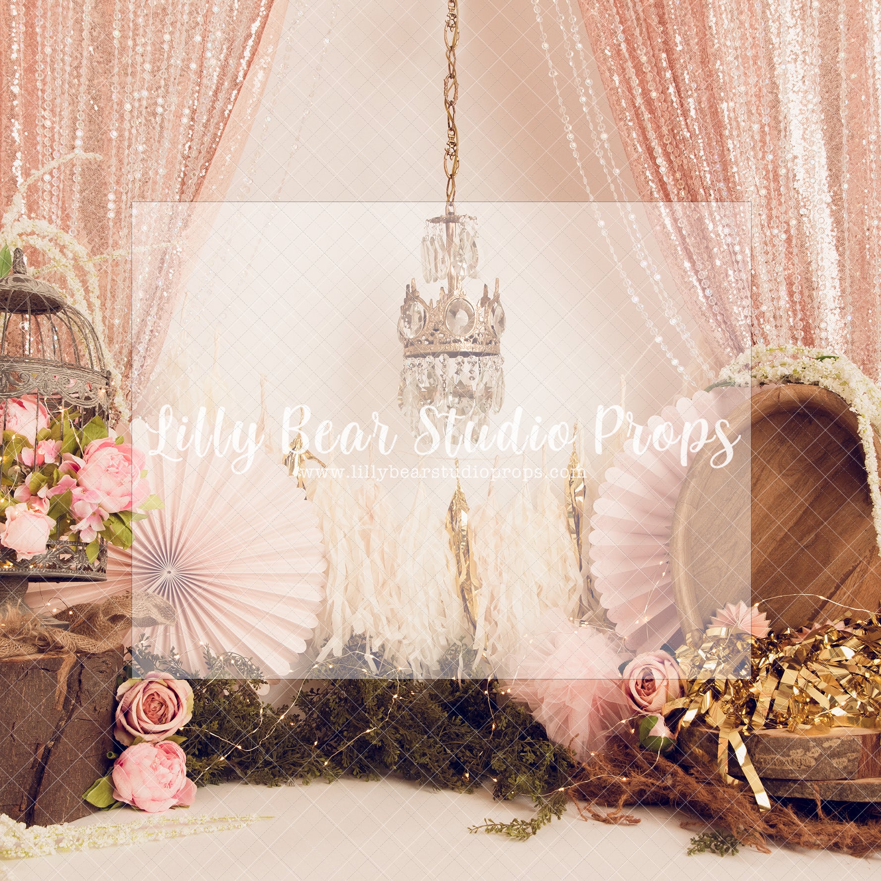 Royalty - Lilly Bear Studio Props, beads, bird cage, birthday girl, boho greenery, chandelier, crystal beads, floral, gold chandelier, gold tassles, gree, greenery, heart, one, pink, pink birthday, pink curtains, pink fan, pink tassles, royal, royalty, tassles