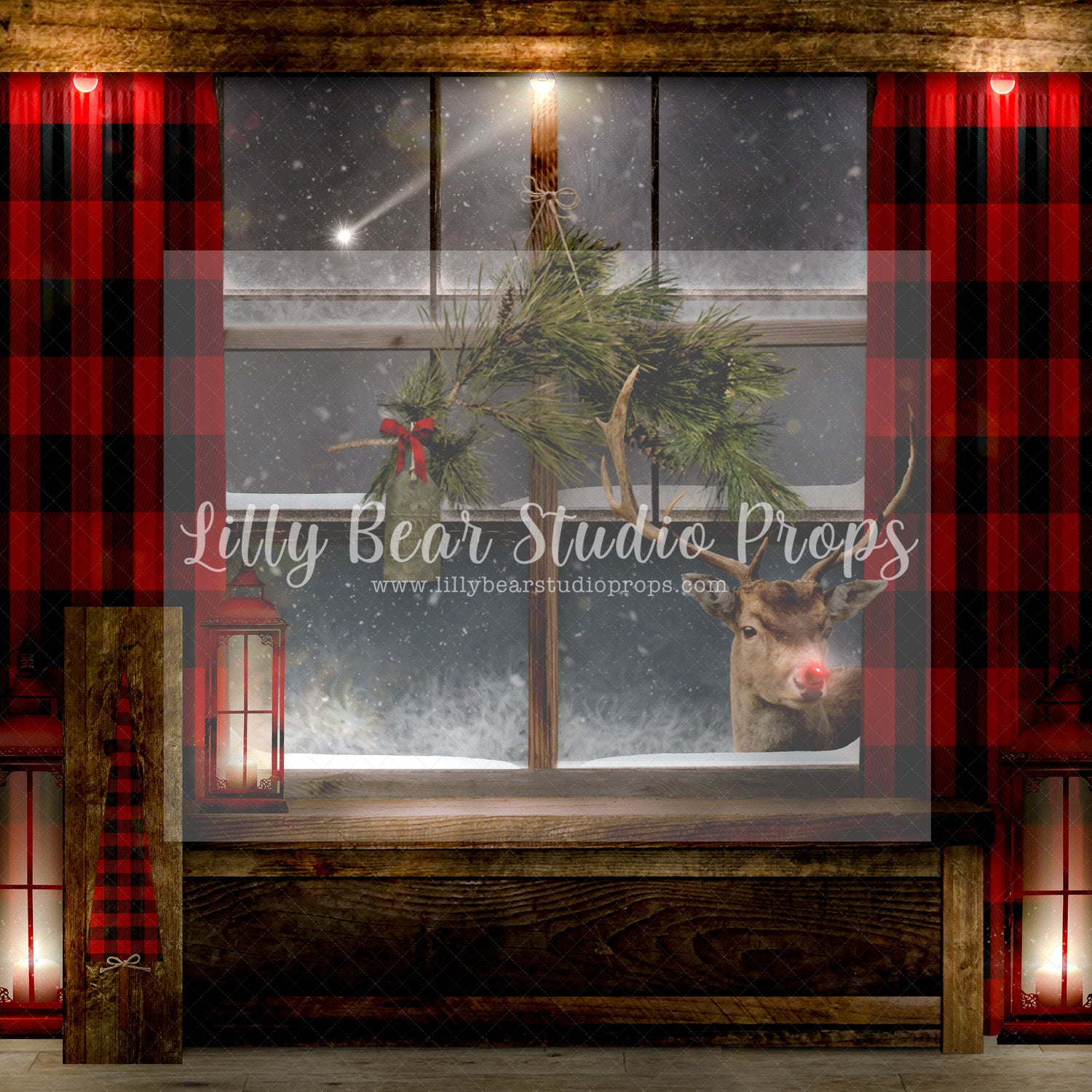 Rudolphs Window - Lilly Bear Studio Props, boho christmas fireplace, candles, candy cane, christmas, christmas fireplace, christmas snow, christmas train, christmas tree farm, Cozy, Decorated, Fabric, FABRICS, Festive, fireplace, Giving, Holiday, Holy, Hopeful, Joyful, lollipops, Merry, Peaceful, Peacful, Red & Green, santa, santa candy cane, Seasonal, train tracks, tree farm, white fireplace, winter, wreath, Xmas, Yuletide