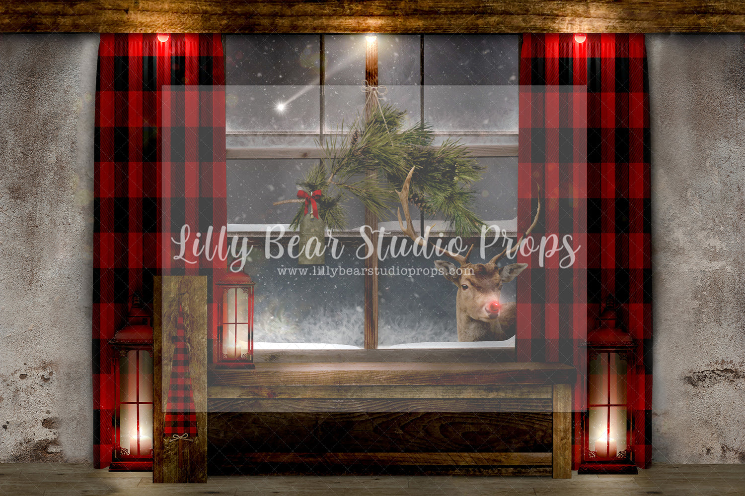 Rudolphs Window - Lilly Bear Studio Props, boho christmas fireplace, candles, candy cane, christmas, christmas fireplace, christmas snow, christmas train, christmas tree farm, Cozy, Decorated, Fabric, FABRICS, Festive, fireplace, Giving, Holiday, Holy, Hopeful, Joyful, lollipops, Merry, Peaceful, Peacful, Red & Green, santa, santa candy cane, Seasonal, train tracks, tree farm, white fireplace, winter, wreath, Xmas, Yuletide