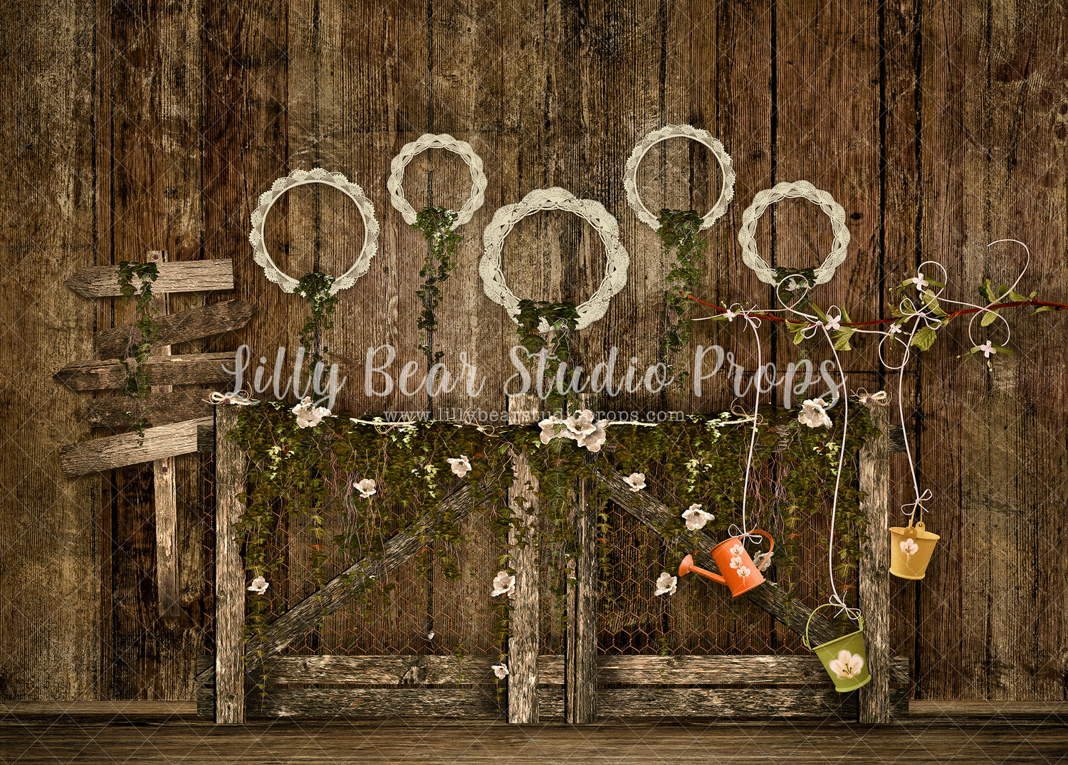 Rustic Ivy Lace Fence - Lilly Bear Studio Props, baking, banner, barn, barndoors, blue floral, blue wood, bunny, bunny one, Bunting Banner, bush, bushes, carrot, carrot banner, carrots, easter, easter backdrop, easter baking, easter basket, easter bunny, easter egg, easter eggs, exposed brick, FABRICS, fence, floral, florals, flower box, girls, happy easter, lavendar, lavender, lavender floral, pink bunny, rabbit, shed, some bunnies one, some bunny is one, some bunny's one, spring, springtime