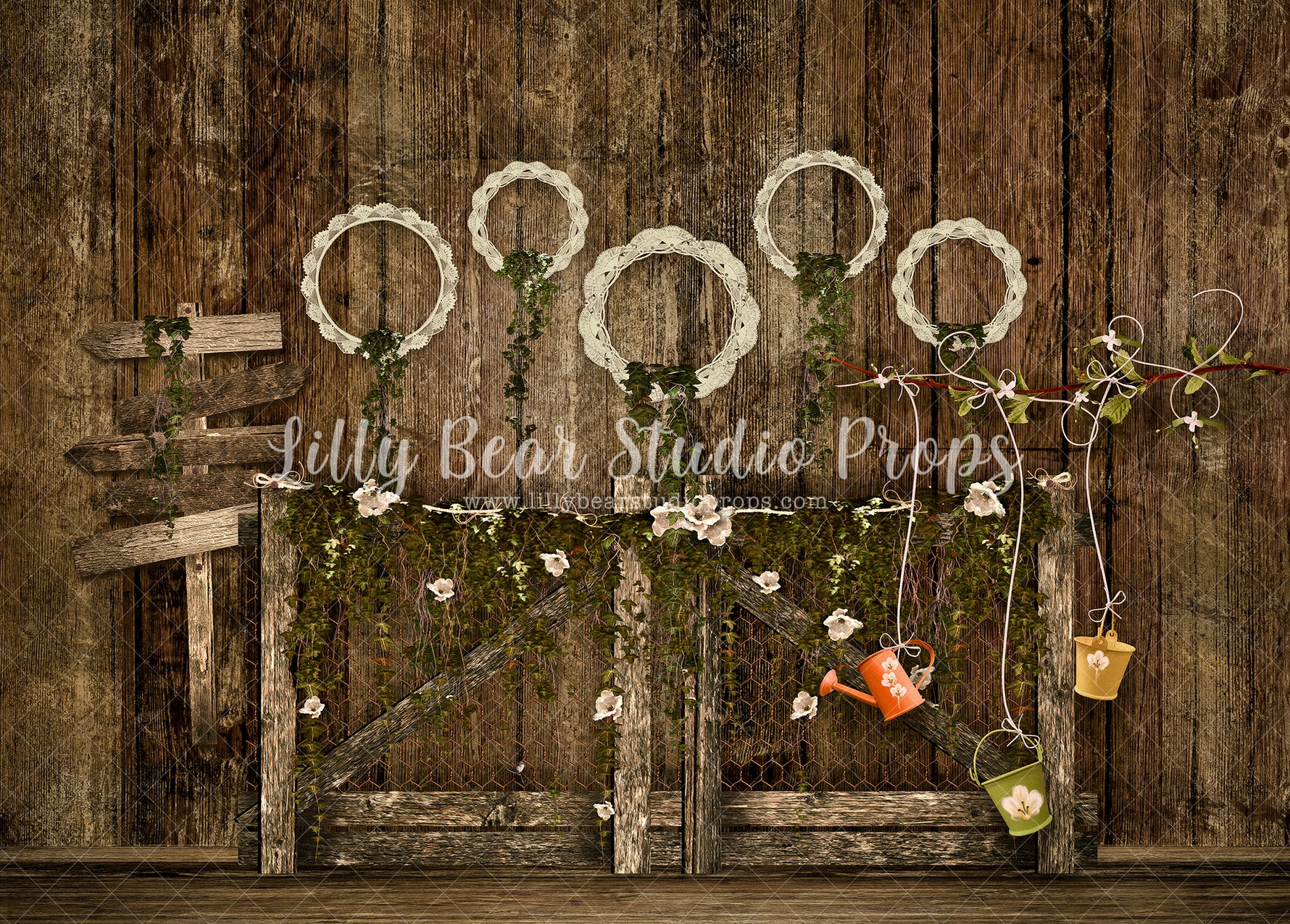 Rustic Ivy Lace Fence - Lilly Bear Studio Props, baking, banner, barn, barndoors, blue floral, blue wood, bunny, bunny one, Bunting Banner, bush, bushes, carrot, carrot banner, carrots, easter, easter backdrop, easter baking, easter basket, easter bunny, easter egg, easter eggs, exposed brick, FABRICS, fence, floral, florals, flower box, girls, happy easter, lavendar, lavender, lavender floral, pink bunny, rabbit, shed, some bunnies one, some bunny is one, some bunny's one, spring, springtime