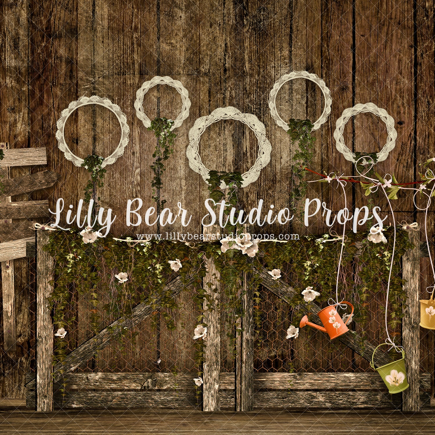 Rustic Ivy Lace Fence - Lilly Bear Studio Props, baking, banner, barn, barndoors, blue floral, blue wood, bunny, bunny one, Bunting Banner, bush, bushes, carrot, carrot banner, carrots, easter, easter backdrop, easter baking, easter basket, easter bunny, easter egg, easter eggs, exposed brick, FABRICS, fence, floral, florals, flower box, girls, happy easter, lavendar, lavender, lavender floral, pink bunny, rabbit, shed, some bunnies one, some bunny is one, some bunny's one, spring, springtime