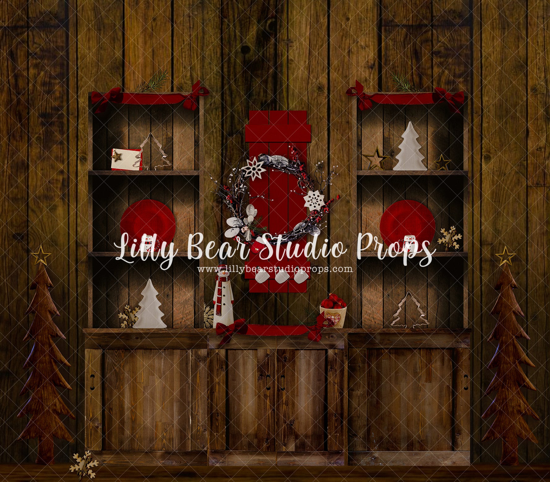 Snowflake Wreath Christmas Kitchen - Lilly Bear Studio Props, camper, candles, christmas, christmas kitchen, christmas snow, christmas window, Fabric, FABRICS, kitchen, red curtains, tree farm, winter, wreath