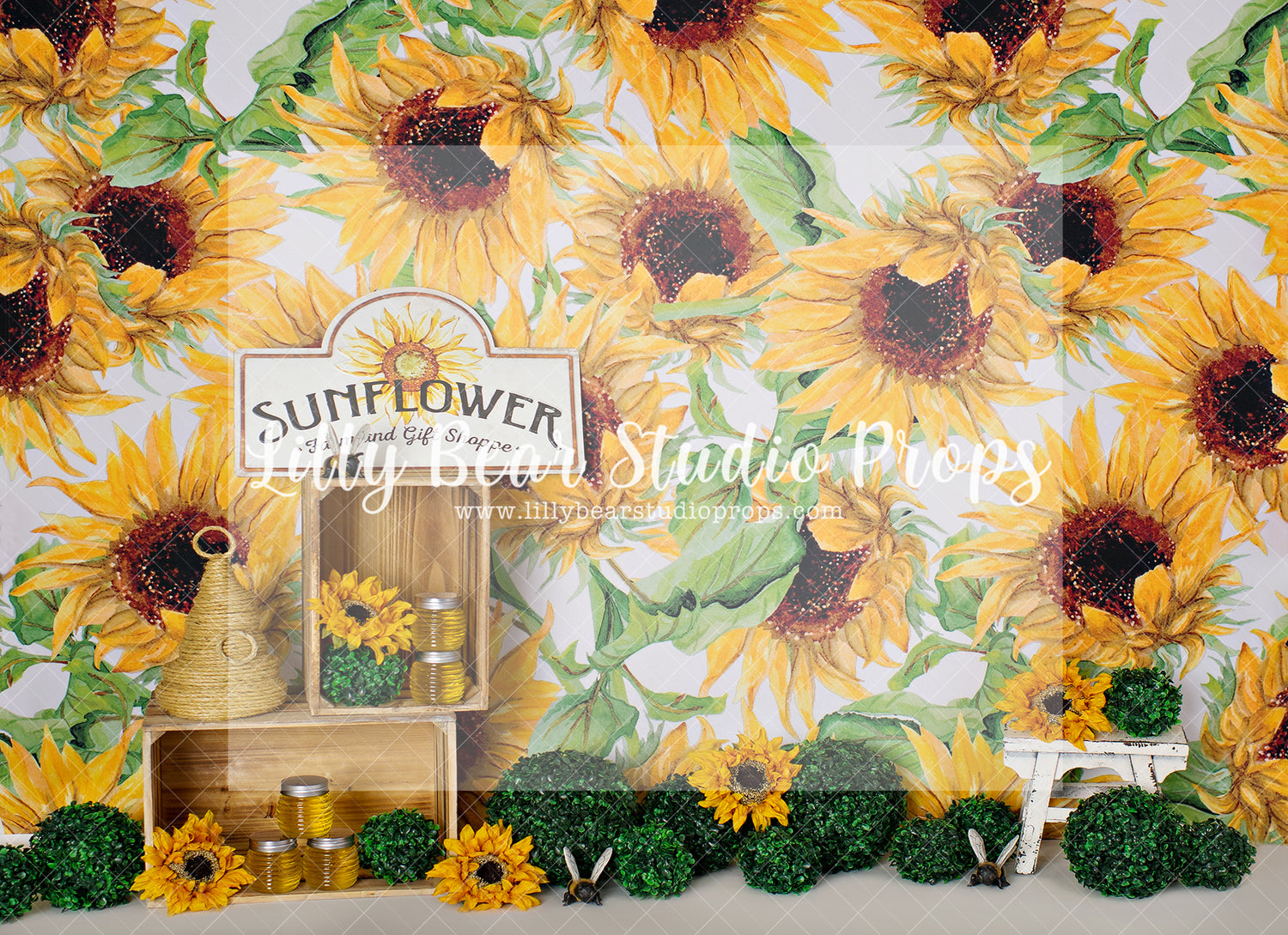 Sunflowers and Honey - Lilly Bear Studio Props, bees, bird house, birds, boho spring, FABRICS, flower barn doors, flower garden, flower stand, honey, honey bees, spring, spring camper, spring garden, sunflower, sunflowers