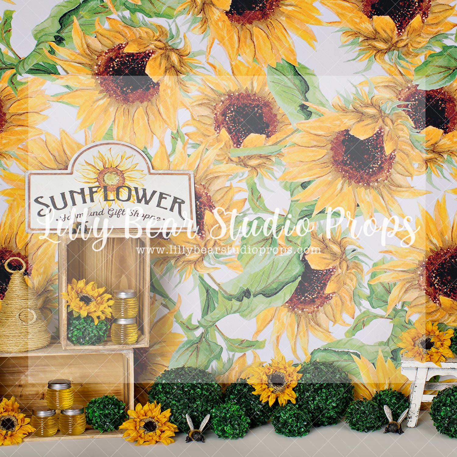 Sunflowers and Honey - Lilly Bear Studio Props, bees, bird house, birds, boho spring, FABRICS, flower barn doors, flower garden, flower stand, honey, honey bees, spring, spring camper, spring garden, sunflower, sunflowers