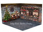 Santa's Cabin Workshop Room - Lilly Bear Studio Props, black fireplace, bohemian christmas, bohemian fireplace, bohemian mantel, boho, boho christmas, boho holiday, boho mantel, christmas, christmas mantel, christmas village, evergreen trees, evergreens, Fabric, fireplace, holiday, holiday christmas, mantel, Pampas, pine trees, white christmas, white holiday, Wrinkle Free Fabric