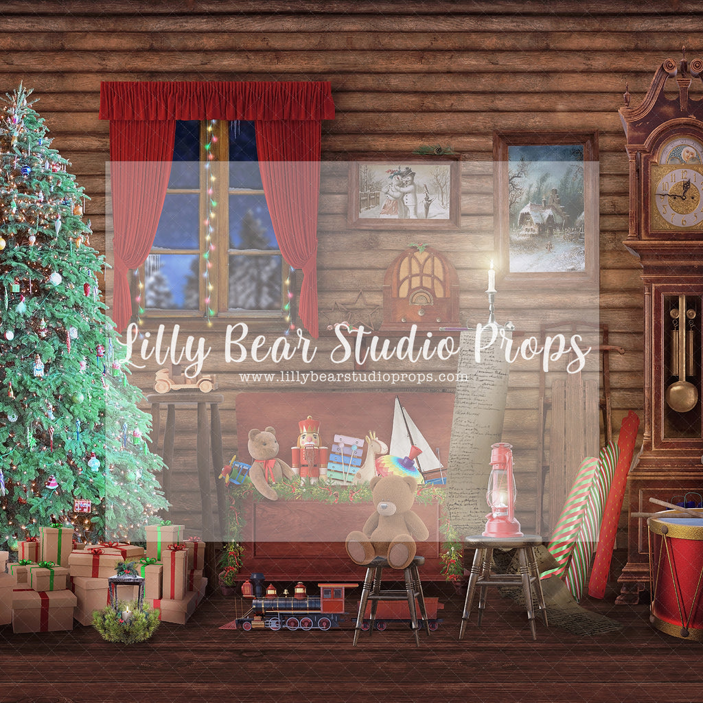Santa's Toy Cabin - Lilly Bear Studio Props, christmas, Cozy, Decorated, Festive, Giving, Holiday, Holy, Hopeful, Joyful, Merry, Peaceful, Peacful, Red & Green, Seasonal, Winter, Xmas, Yuletide