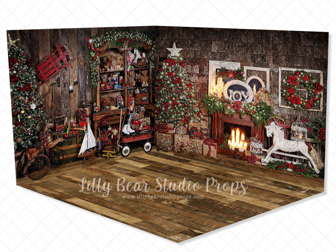 Santa's Toy Room - Lilly Bear Studio Props, black fireplace, bohemian christmas, bohemian fireplace, bohemian mantel, boho, boho christmas, boho holiday, boho mantel, christmas, christmas mantel, christmas village, evergreen trees, evergreens, Fabric, fireplace, holiday, holiday christmas, mantel, Pampas, pine trees, white christmas, white holiday, Wrinkle Free Fabric