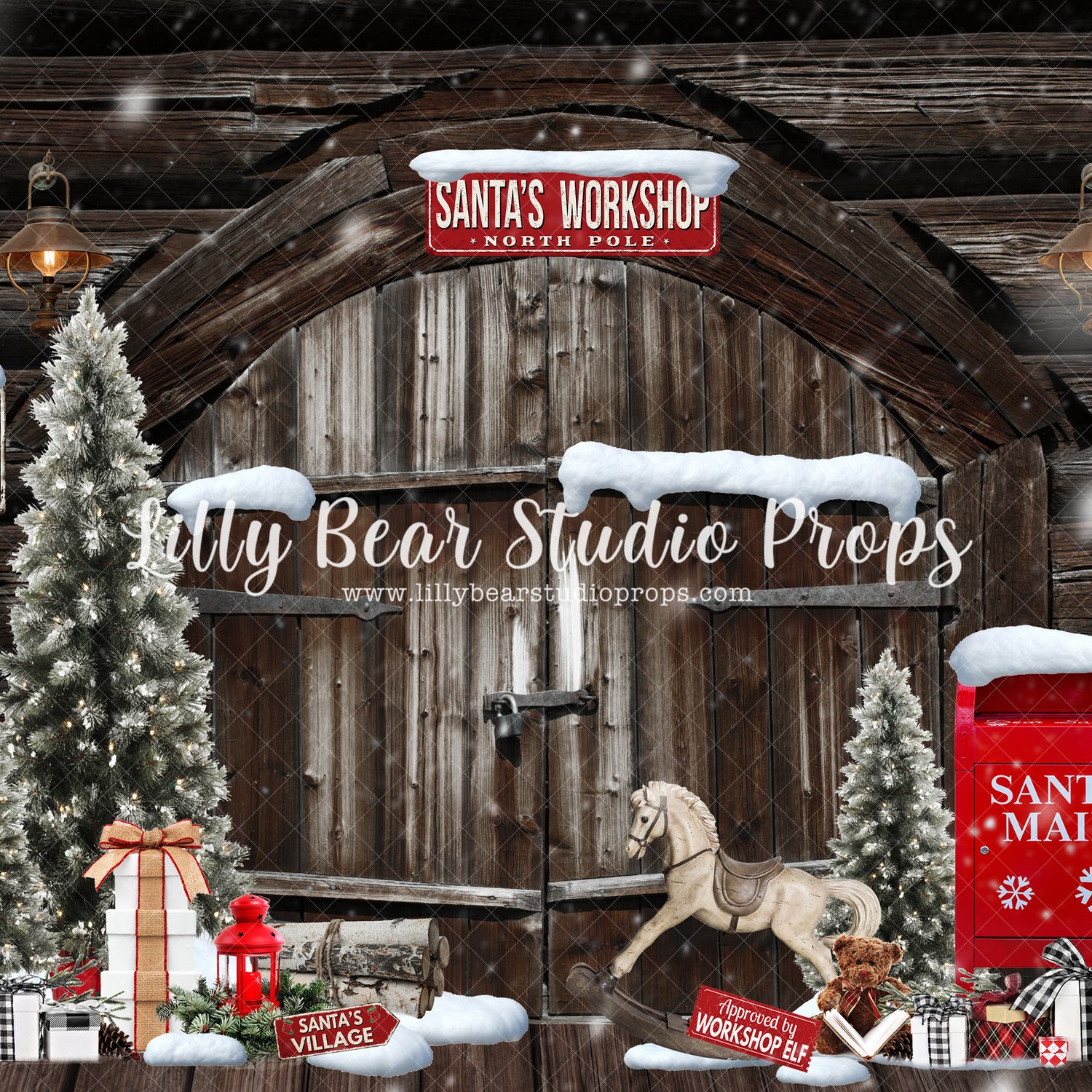 Santa's Cottage Workshop - Lilly Bear Studio Props, barn doors, christmas, christmas carol, christmas cookies, christmas lanterns, christmas lights, christmas rocking horse, christmas toy store, christmas toys, nutcracker, pine trees, rocking horse, santa, santa candy cane, santa door, santa mail, santa presents, santa shop, santas toy shop, santas toys, santas village, snow tree, snow village, toys