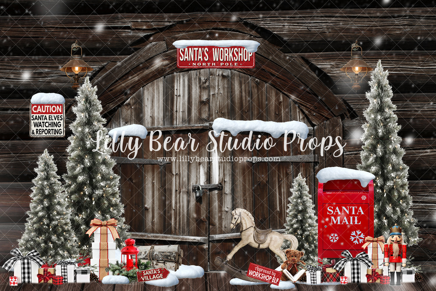 Santa's Cottage Workshop - Lilly Bear Studio Props, barn doors, christmas, christmas carol, christmas cookies, christmas lanterns, christmas lights, christmas rocking horse, christmas toy store, christmas toys, nutcracker, pine trees, rocking horse, santa, santa candy cane, santa door, santa mail, santa presents, santa shop, santas toy shop, santas toys, santas village, snow tree, snow village, toys