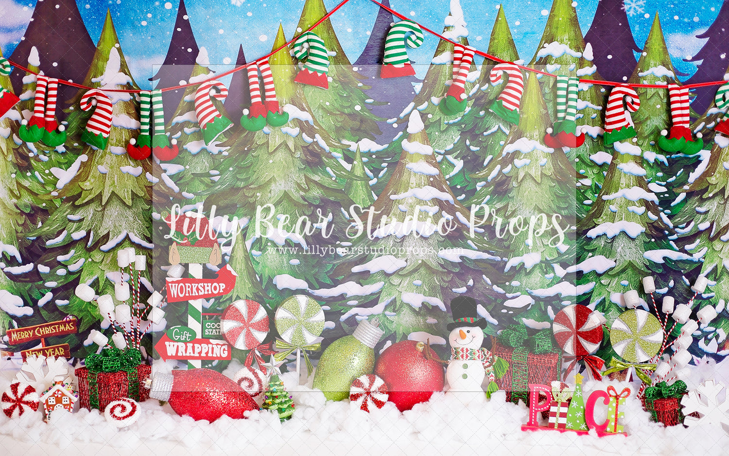 Santa's Sweet Village - Lilly Bear Studio Props, christmas, Cozy, Decorated, elf, elf on the shelf, Festive, Giving, Holiday, Holy, Hopeful, Joyful, Merry, north pole, Peaceful, Peacful, Red & Green, santa, santa candy cane, santa hat, santa magic, santa shop, santa workshop, santa's workshop, santas toy shop, santas toys, santas village, Seasonal, snowman, Winter, Wrinkle Free Fabric, Xmas, Yuletide