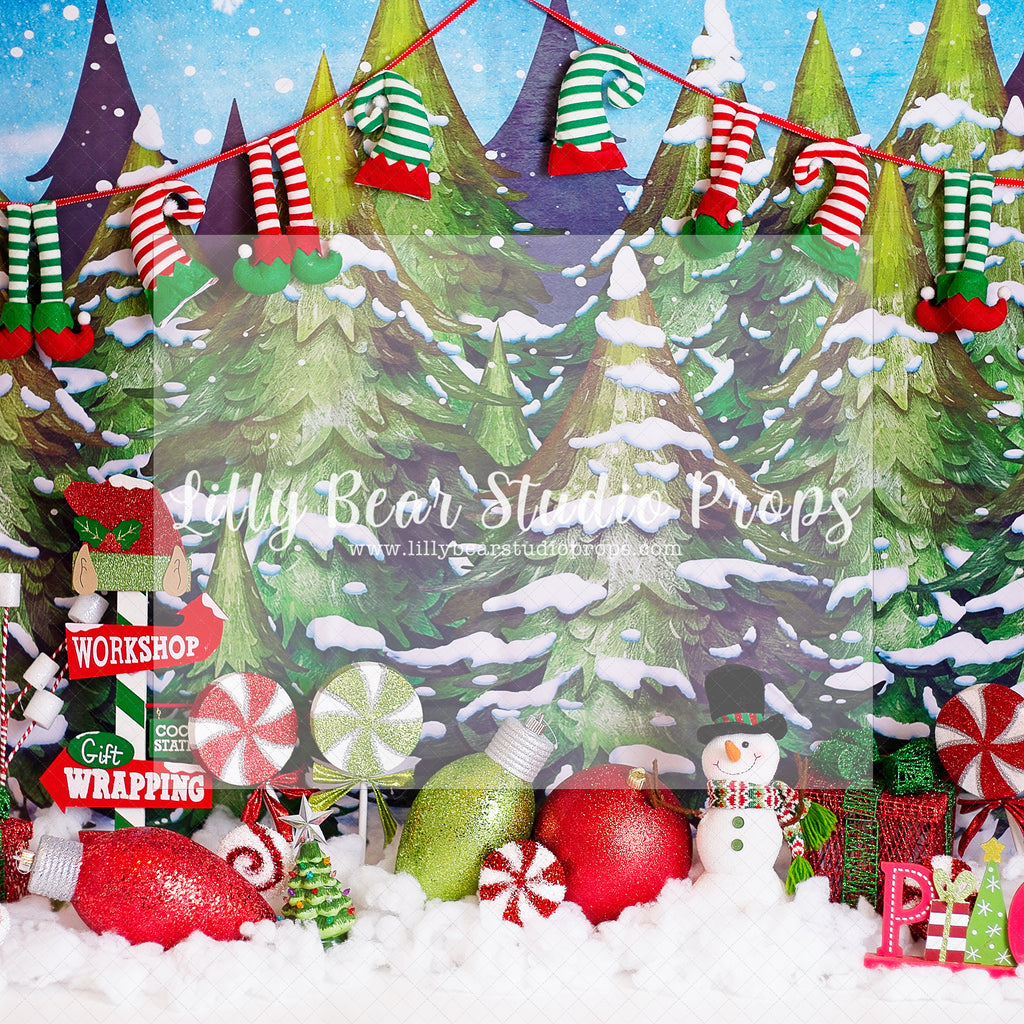Santa's Sweet Village - Lilly Bear Studio Props, christmas, Cozy, Decorated, elf, elf on the shelf, Festive, Giving, Holiday, Holy, Hopeful, Joyful, Merry, north pole, Peaceful, Peacful, Red & Green, santa, santa candy cane, santa hat, santa magic, santa shop, santa workshop, santa's workshop, santas toy shop, santas toys, santas village, Seasonal, snowman, Winter, Wrinkle Free Fabric, Xmas, Yuletide