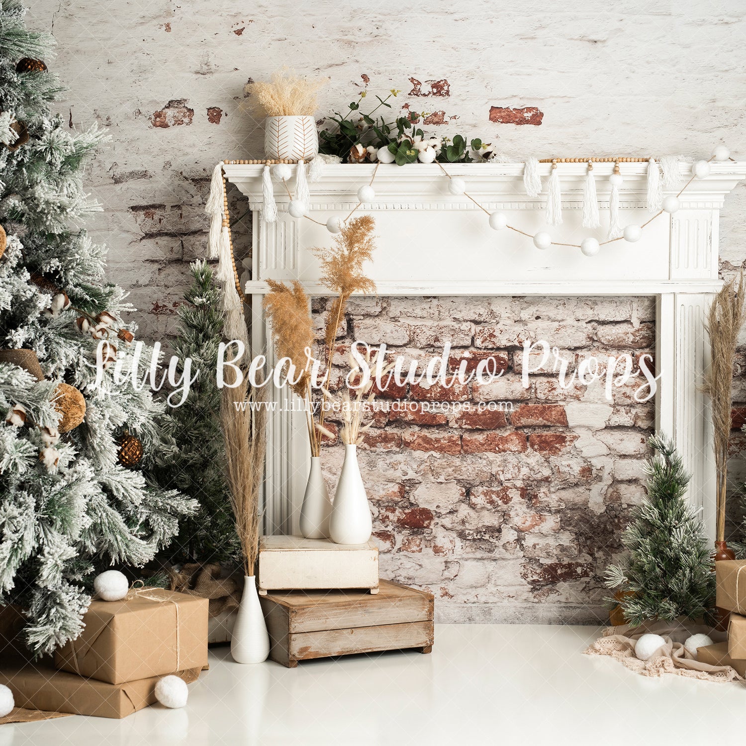 Scandinavian Christmas - Lilly Bear Studio Props, blanket, bohemian, bohemian christmas, boho, boho christmas, christmas, christmas fireplace, christmas garland, christmas mantle, christmas tree, christmas trees, clean, elegant, fireplace, garland, holiday mantle, mantel, mantle, presents, scandi, scandinavian, scandinavian christmas, simple