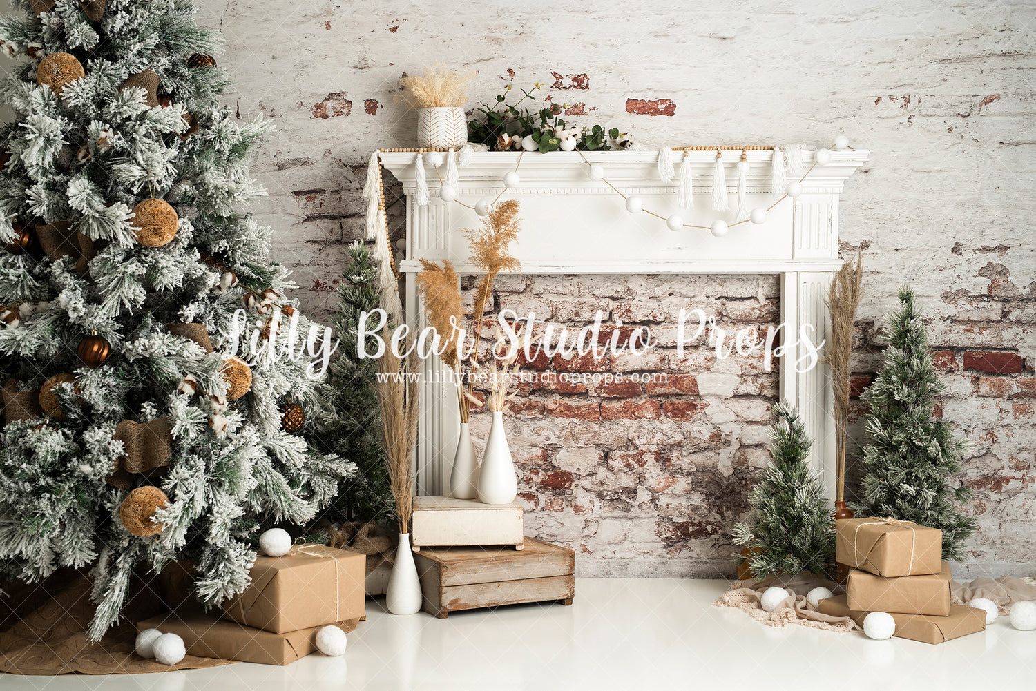 Scandinavian Christmas - Lilly Bear Studio Props, blanket, bohemian, bohemian christmas, boho, boho christmas, christmas, christmas fireplace, christmas garland, christmas mantle, christmas tree, christmas trees, clean, elegant, fireplace, garland, holiday mantle, mantel, mantle, presents, scandi, scandinavian, scandinavian christmas, simple