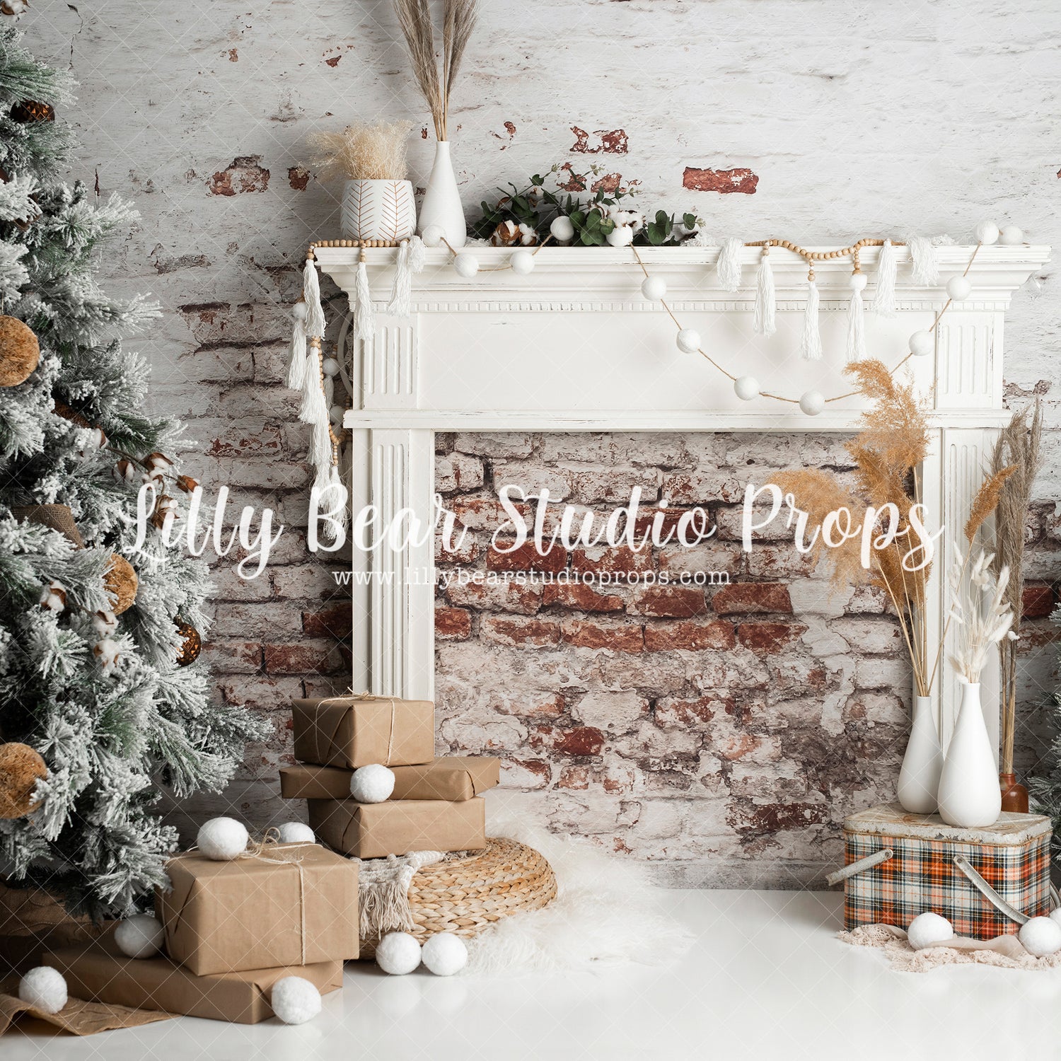 Scandinavian Fireplace - Lilly Bear Studio Props, blanket, bohemian, bohemian christmas, boho, boho christmas, christmas, christmas fireplace, christmas garland, christmas mantle, christmas tree, christmas trees, clean, elegant, fireplace, garland, holiday mantle, mantel, mantle, presents, scandi, scandinavian, scandinavian christmas, simple