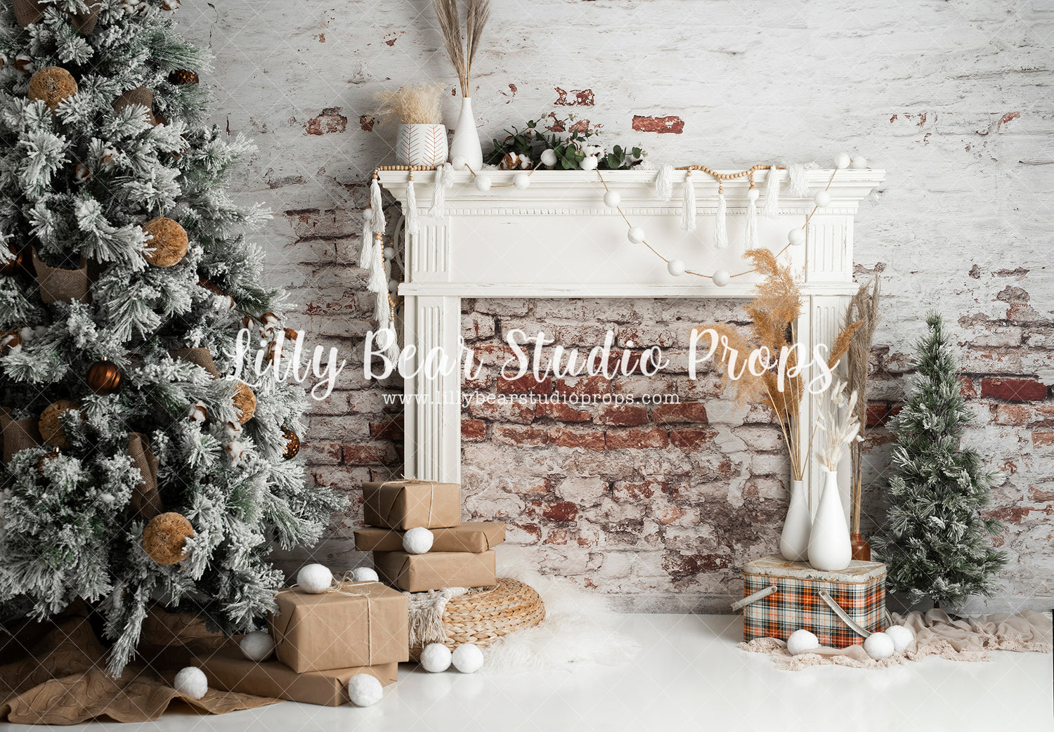 Scandinavian Fireplace - Lilly Bear Studio Props, blanket, bohemian, bohemian christmas, boho, boho christmas, christmas, christmas fireplace, christmas garland, christmas mantle, christmas tree, christmas trees, clean, elegant, fireplace, garland, holiday mantle, mantel, mantle, presents, scandi, scandinavian, scandinavian christmas, simple