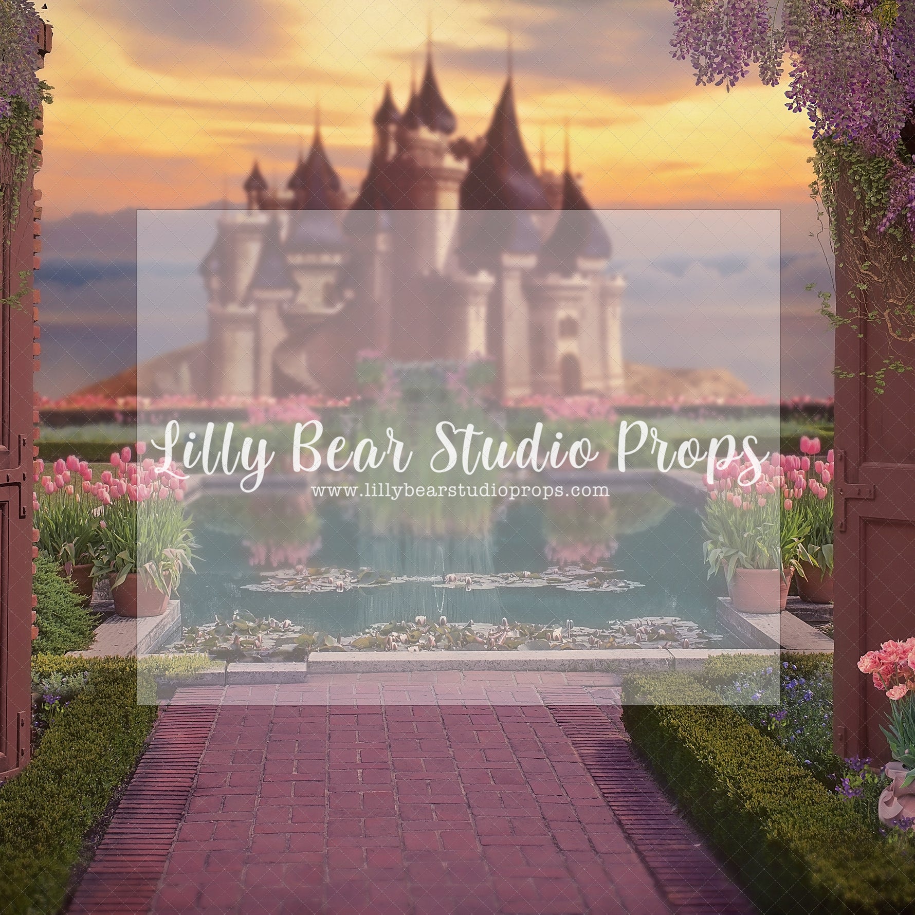Secret Garden Castle - Lilly Bear Studio Props, castle, castle balcony, castle gate, center park, Fabric, FABRICS, garden, garden path, garden steps, garden walkway, london, park, pink tulips, spring, steps, Wrinkle Free Fabric