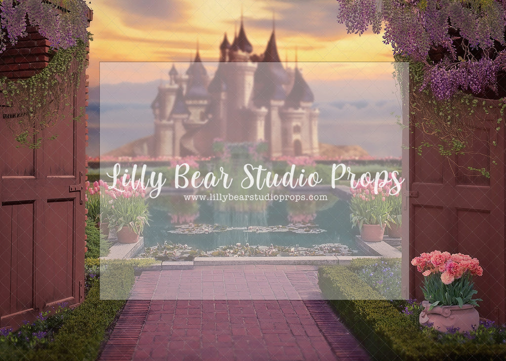 Secret Garden Castle - Lilly Bear Studio Props, castle, castle balcony, castle gate, center park, Fabric, FABRICS, garden, garden path, garden steps, garden walkway, london, park, pink tulips, spring, steps, Wrinkle Free Fabric