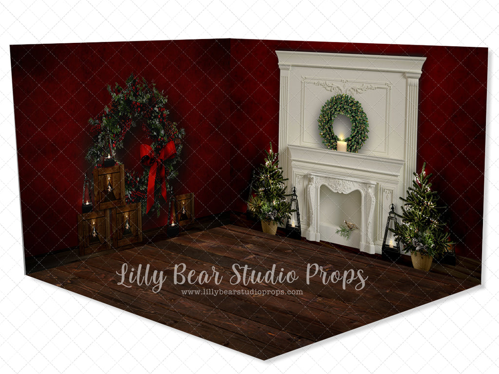 Serenity Cranberry Room - Lilly Bear Studio Props, black fireplace, bohemian christmas, bohemian fireplace, bohemian mantel, boho, boho christmas, boho holiday, boho mantel, christmas, christmas mantel, christmas village, evergreen trees, evergreens, Fabric, fireplace, holiday, holiday christmas, mantel, Pampas, pine trees, white christmas, white holiday, Wrinkle Free Fabric