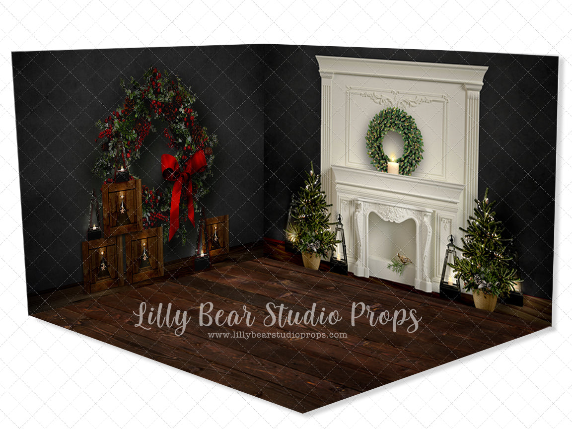 Serenity Ebony Room - Lilly Bear Studio Props, black fireplace, bohemian christmas, bohemian fireplace, bohemian mantel, boho, boho christmas, boho holiday, boho mantel, christmas, christmas mantel, christmas village, evergreen trees, evergreens, Fabric, fireplace, holiday, holiday christmas, mantel, Pampas, pine trees, white christmas, white holiday, Wrinkle Free Fabric
