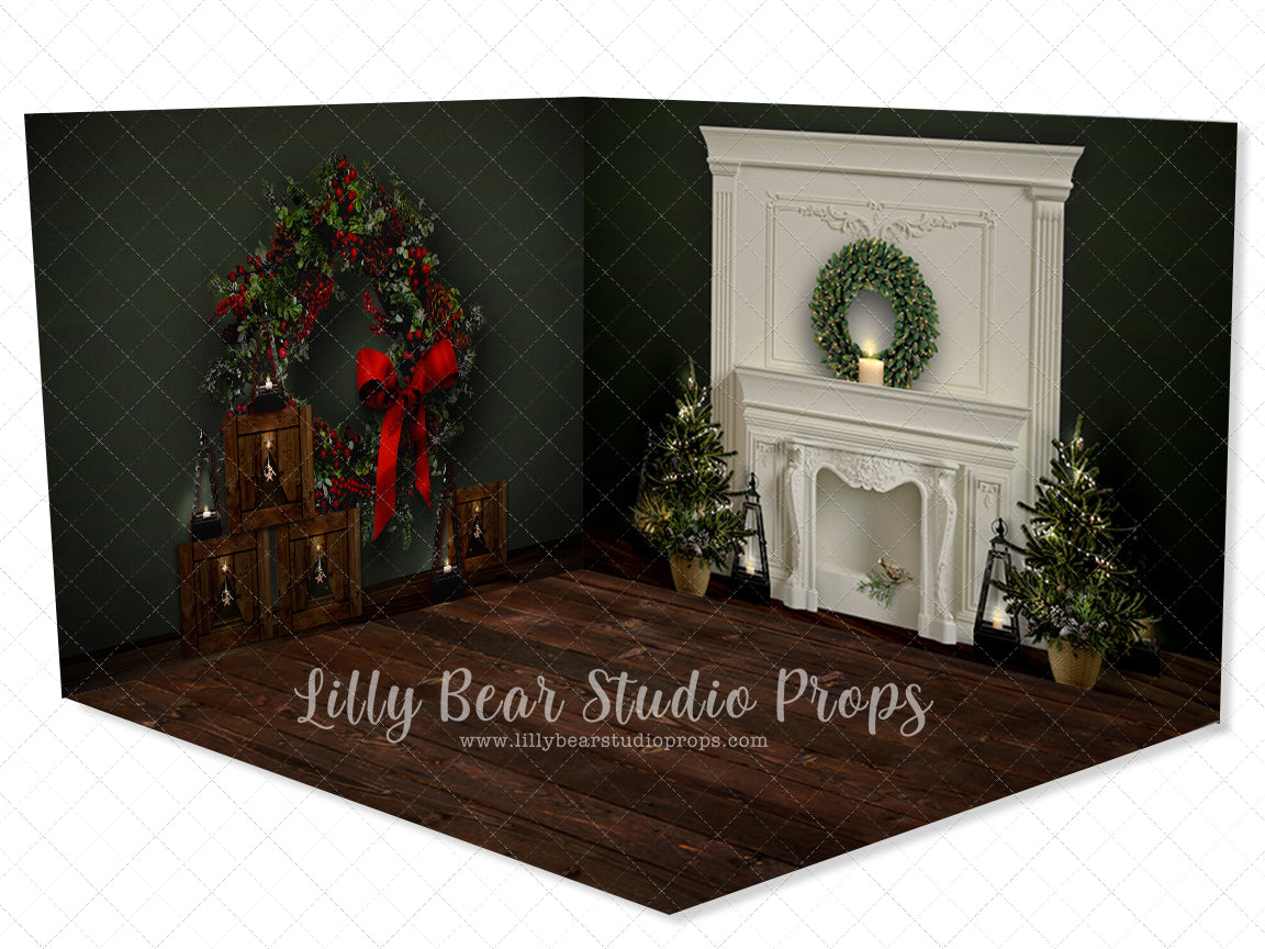 Serenity Hunter Green Room - Lilly Bear Studio Props, black fireplace, bohemian christmas, bohemian fireplace, bohemian mantel, boho, boho christmas, boho holiday, boho mantel, christmas, christmas mantel, christmas village, evergreen trees, evergreens, Fabric, fireplace, holiday, holiday christmas, mantel, Pampas, pine trees, white christmas, white holiday, Wrinkle Free Fabric