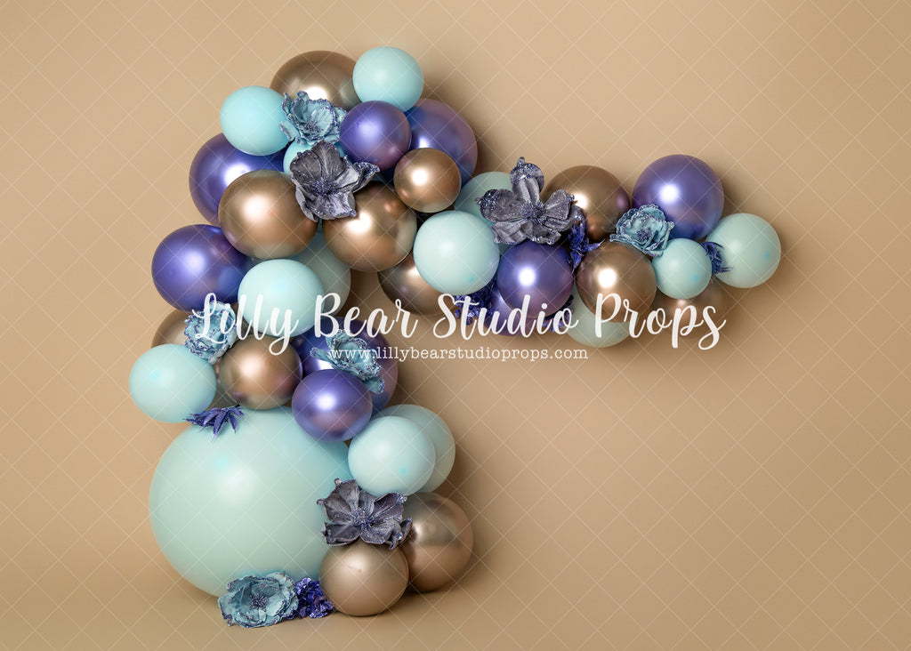 Shades Of Gold & Blue Balloons - Lilly Bear Studio Props, balloon, balloon arch, balloon flowers, balloon garland, balloon wall, balloons, balloons and flowers, blooming flowers, metallic, metallic balloon wall, metallic purple, mint, mint and purple, mint flowers, pastel balloon wall, pastel purple, pastel wall, purple balloon wall, purple balloons